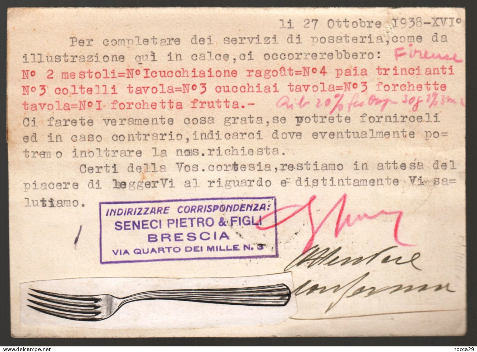 LUMEZZANE S.SEBASTIANO - BRESCIA - 1938 - SENECI PIETRO - FABBRICA POSATERIE - AL RETRO INCOLLATA UNA FORCHETTA (INT603) - Mercanti