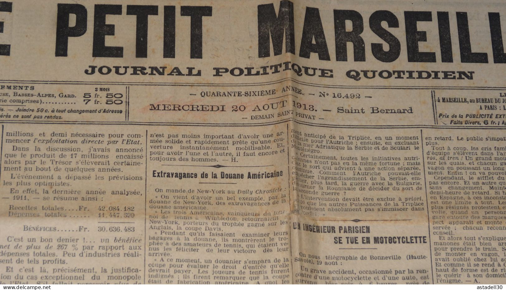 Journal LE PETIT MARSEILLAIS Du 20 Aout 1913, N°16492  ............... JOU-PM ........ TIR1-POS1 - Le Petit Marseillais