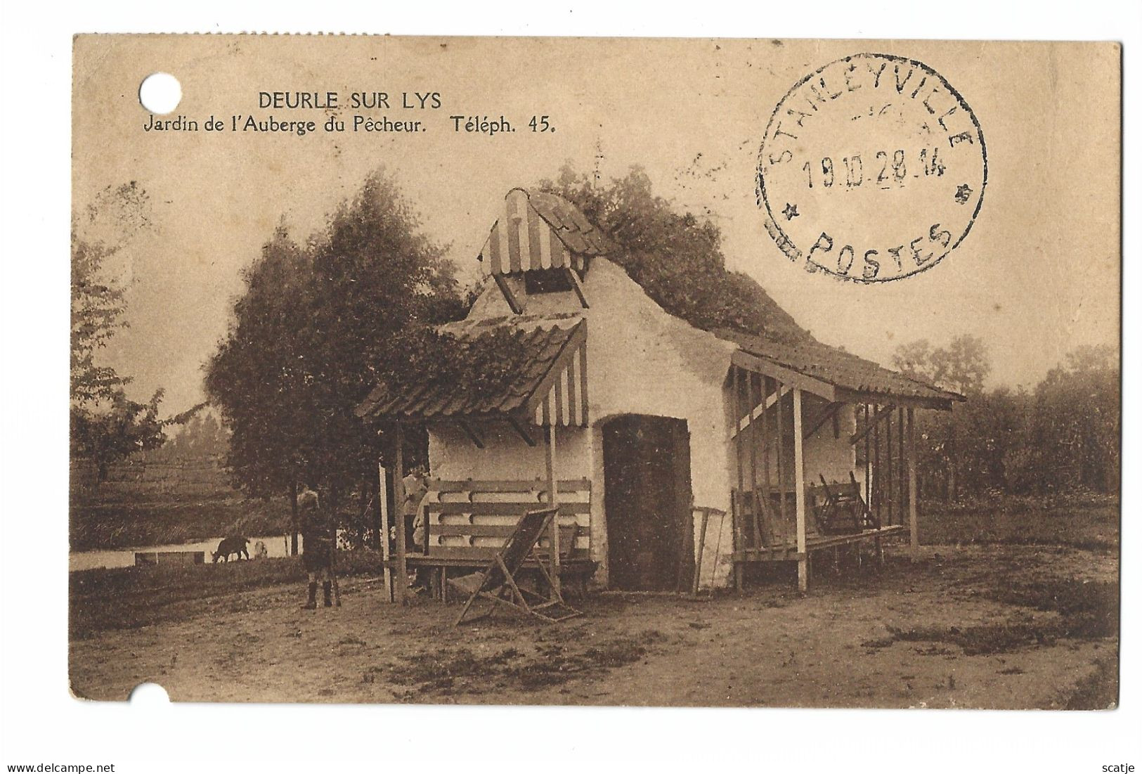 Deurle     -    Sur Lys   -   Jardin De L' Auberge Du Pêcheur.  -  Kaart Geperforeerd!  -  1928  Naar   Congo Belge - Sint-Martens-Latem