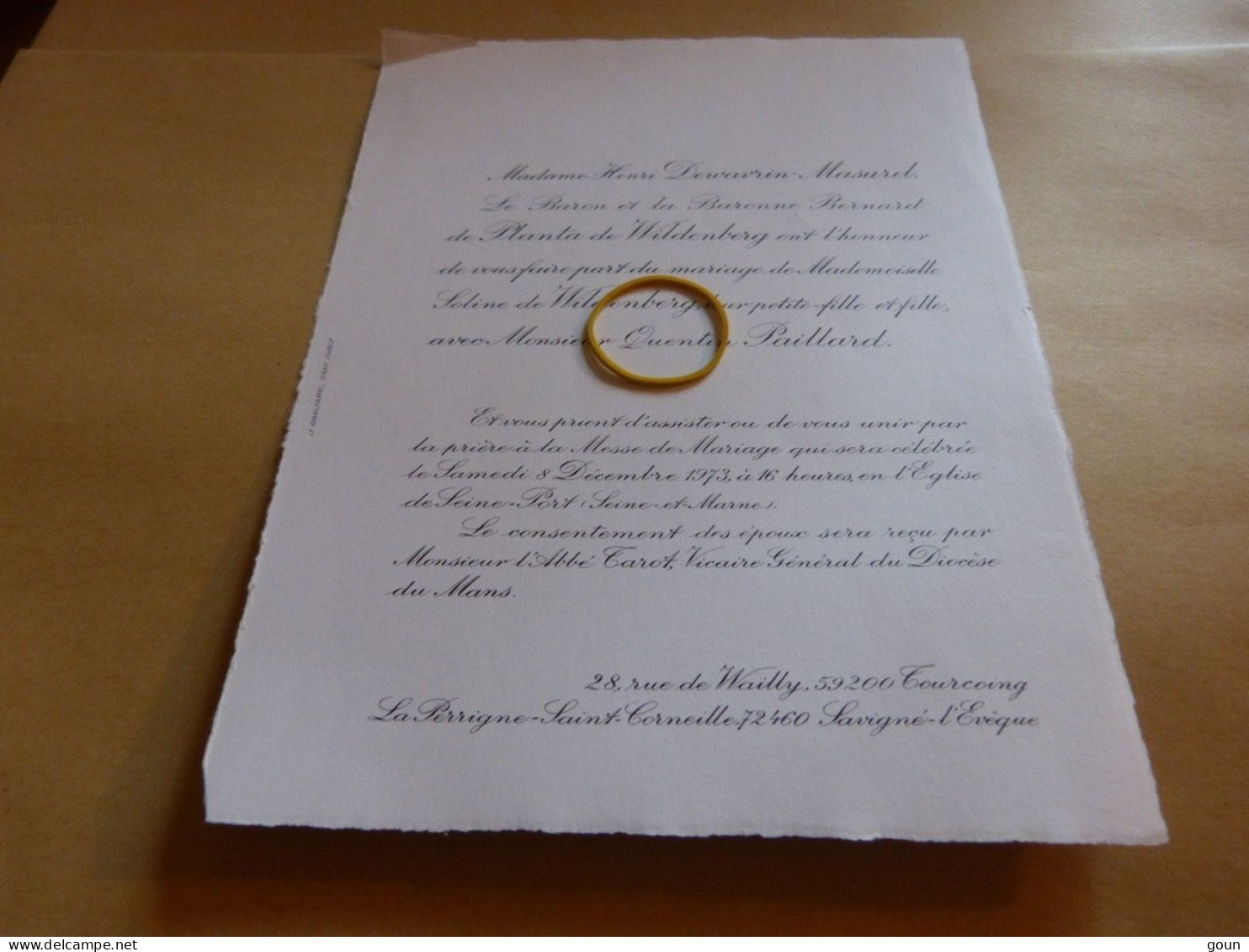 I16-10 Invitation Mariage Soline De Wildenberg Quentin Paillard 1973 Tourcoing Savigné L'Evêque - Mariage