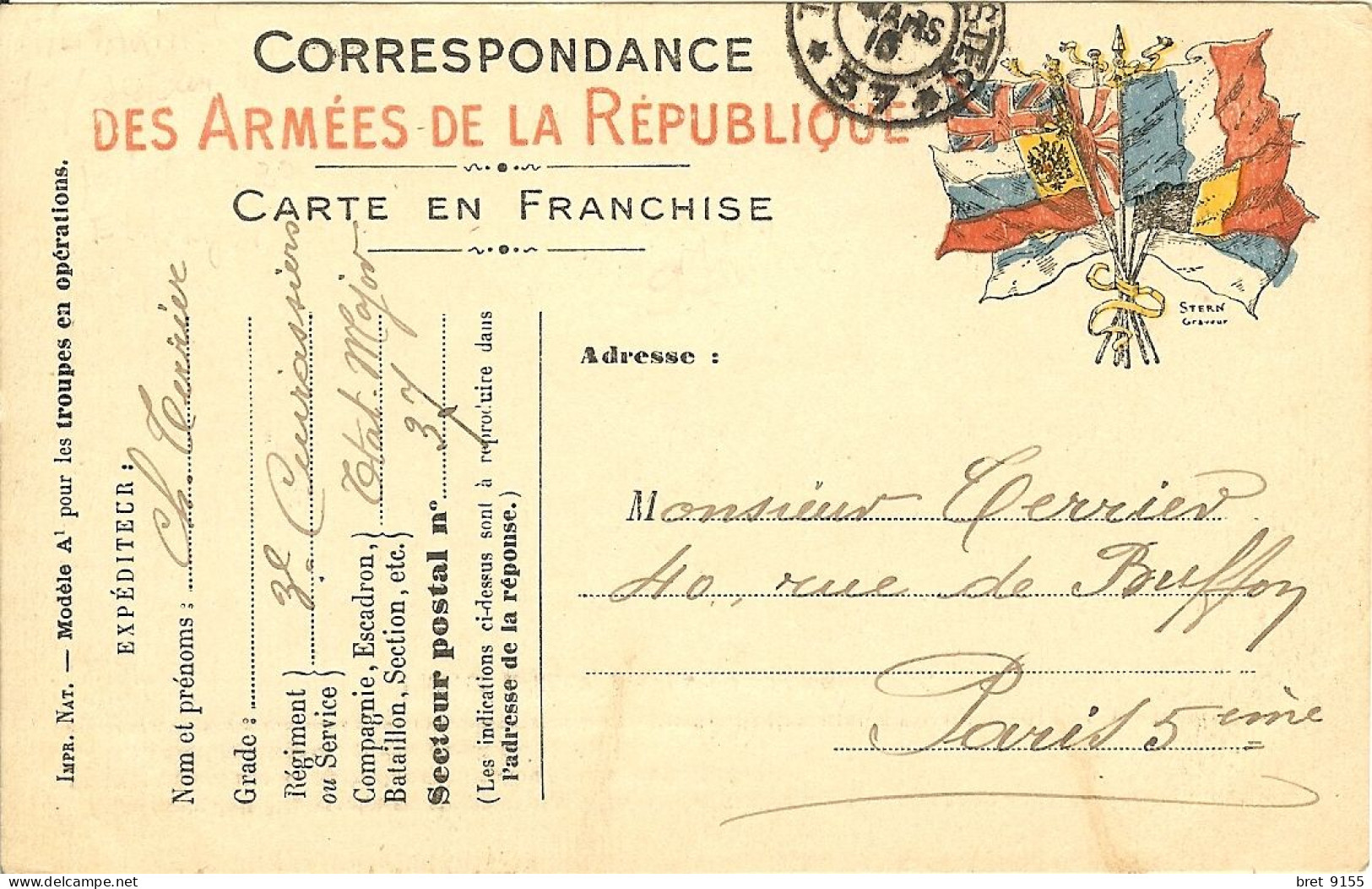 MARS 1916 CORRESPONDANCE DES ARMEES DE LA REPUBLIQUE A Mr TERRIER PARIS _ UN PETIT FILS A SON GRAND PERE _ - 1914-18
