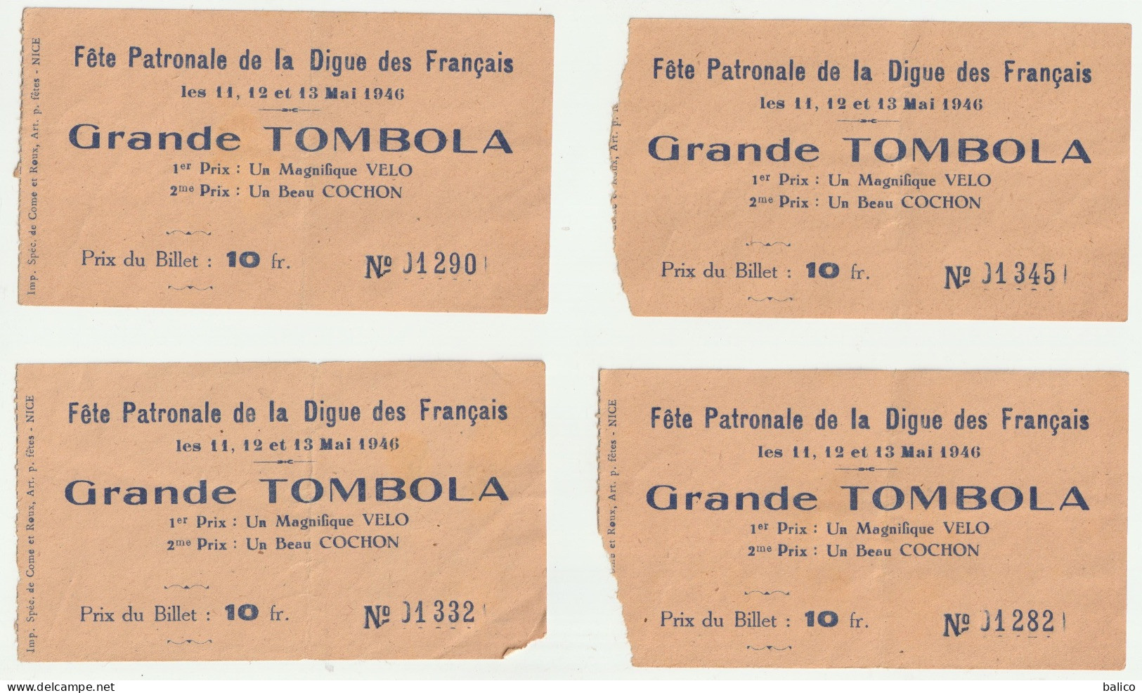 Fête De La Digue Des Français à NICE 1946 - Grande TOMBOLA  - ( 4 Billets ) - Billets De Loterie