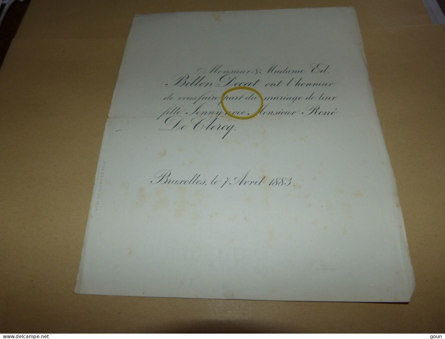 I16-10 Invitation Mariage Jenny Billen Decat René De Clercq 1883 - Mariage