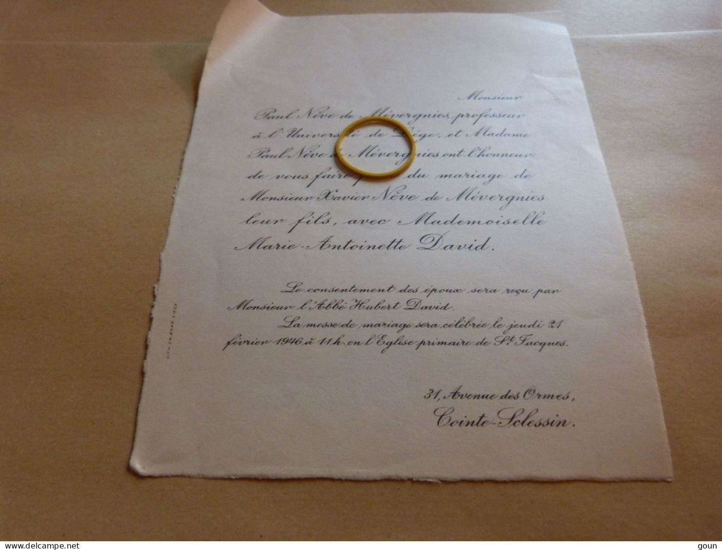 I16-11 Invitation Mariage Xavier Nève De Mévergnies Marie-Antoinette David  1946 Cointe Sclessin - Mariage