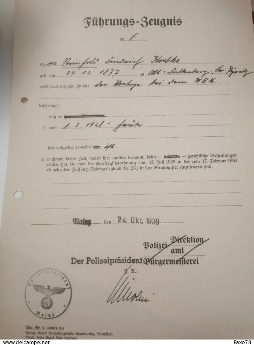 Fuhrungs-Zeugnis, Mainz 1939 - Storia Postale