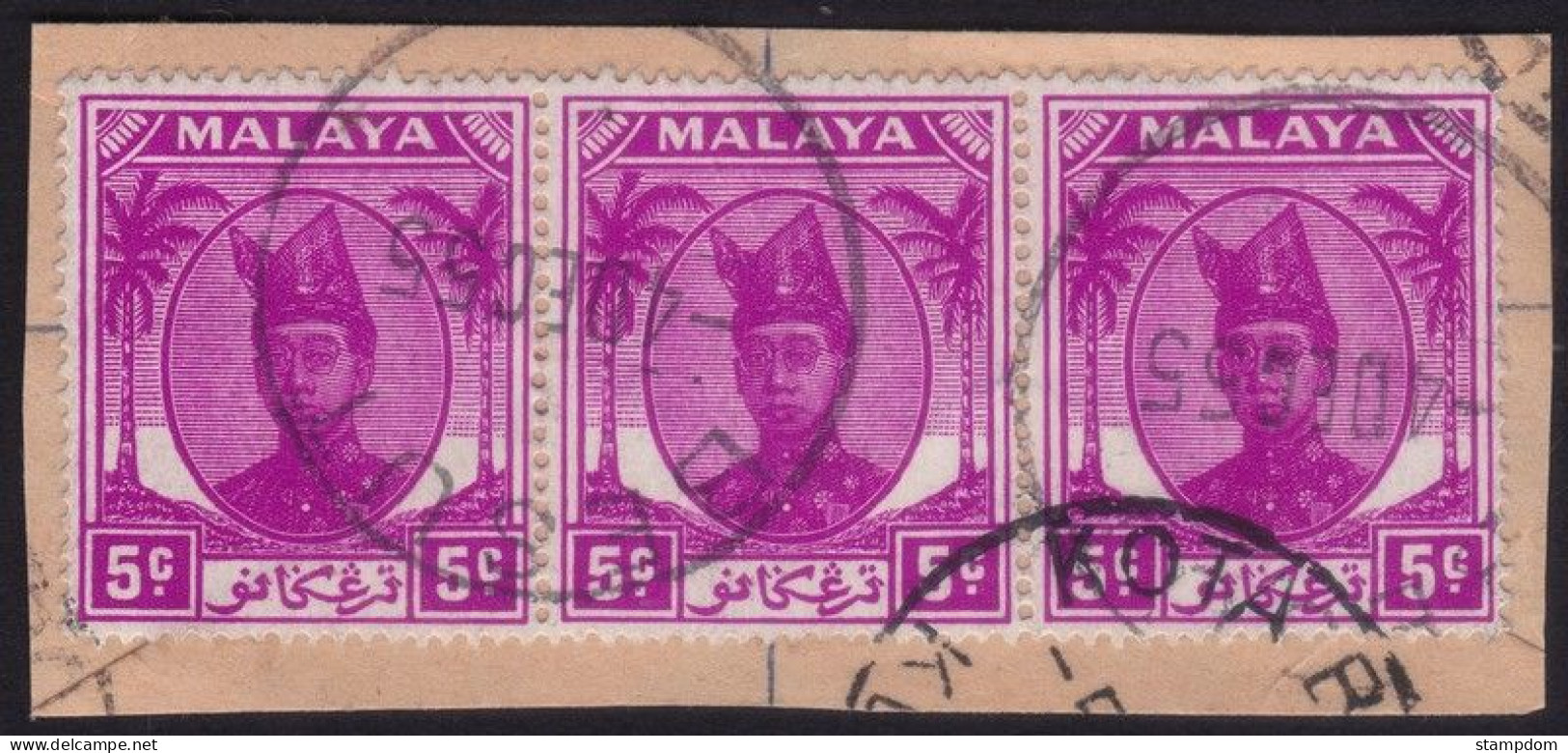 TRENGGANU 1952 Palm 5c Sc#68 X3 On Piece - USED @N330 - Trengganu