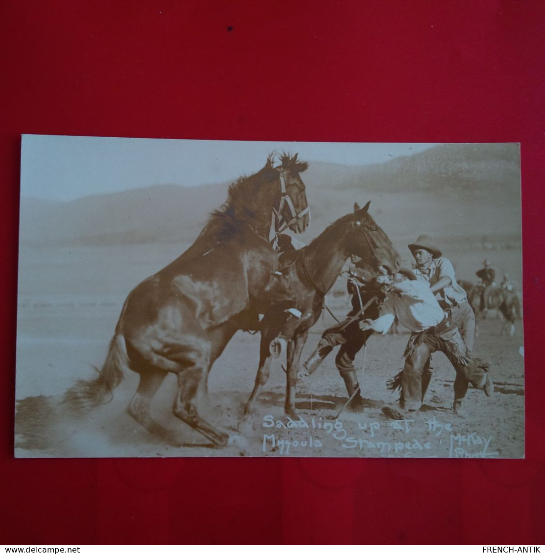 CARTE PHOTO MISSOULA STAMPEDE 1916 SADDLING - Missoula