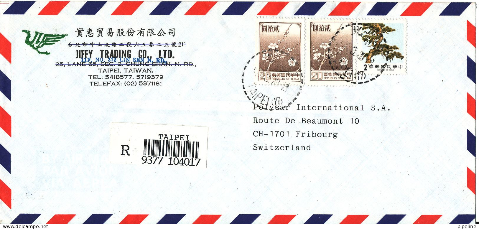 Taiwan Taipei Registered Air Mail Cover Sent To Switzerland - Poste Aérienne