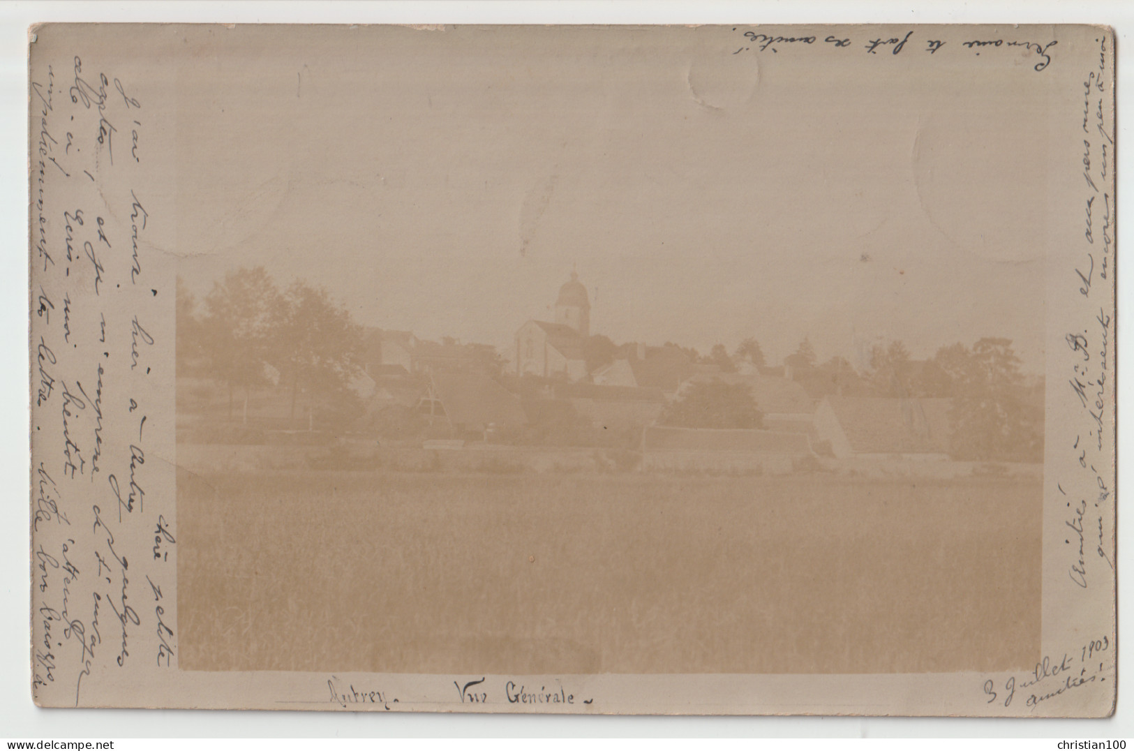 CARTE PHOTO ECRITE  DE AUTREY EN 1903 - VUE GENERALE DE LA COMMUNE ET DE L' EGLISE ( AUTREY LES GRAY ) RARE -z 4 SCANS Z - Autrey-lès-Gray