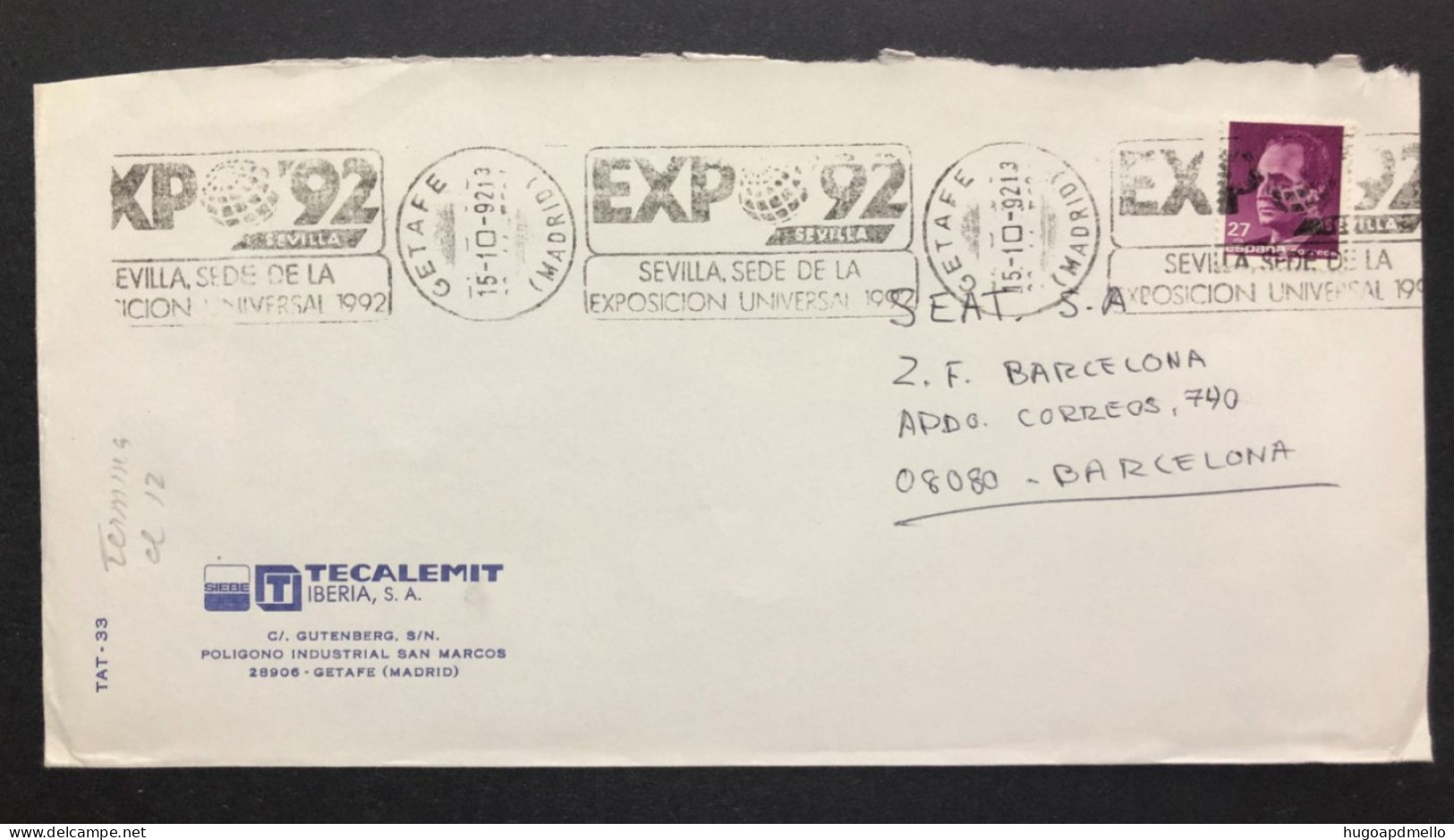 SPAIN, Cover With Special Cancellation « EXPO '92 », « GETAFE Postmark », 1992 - 1992 – Sevilla (Spain)