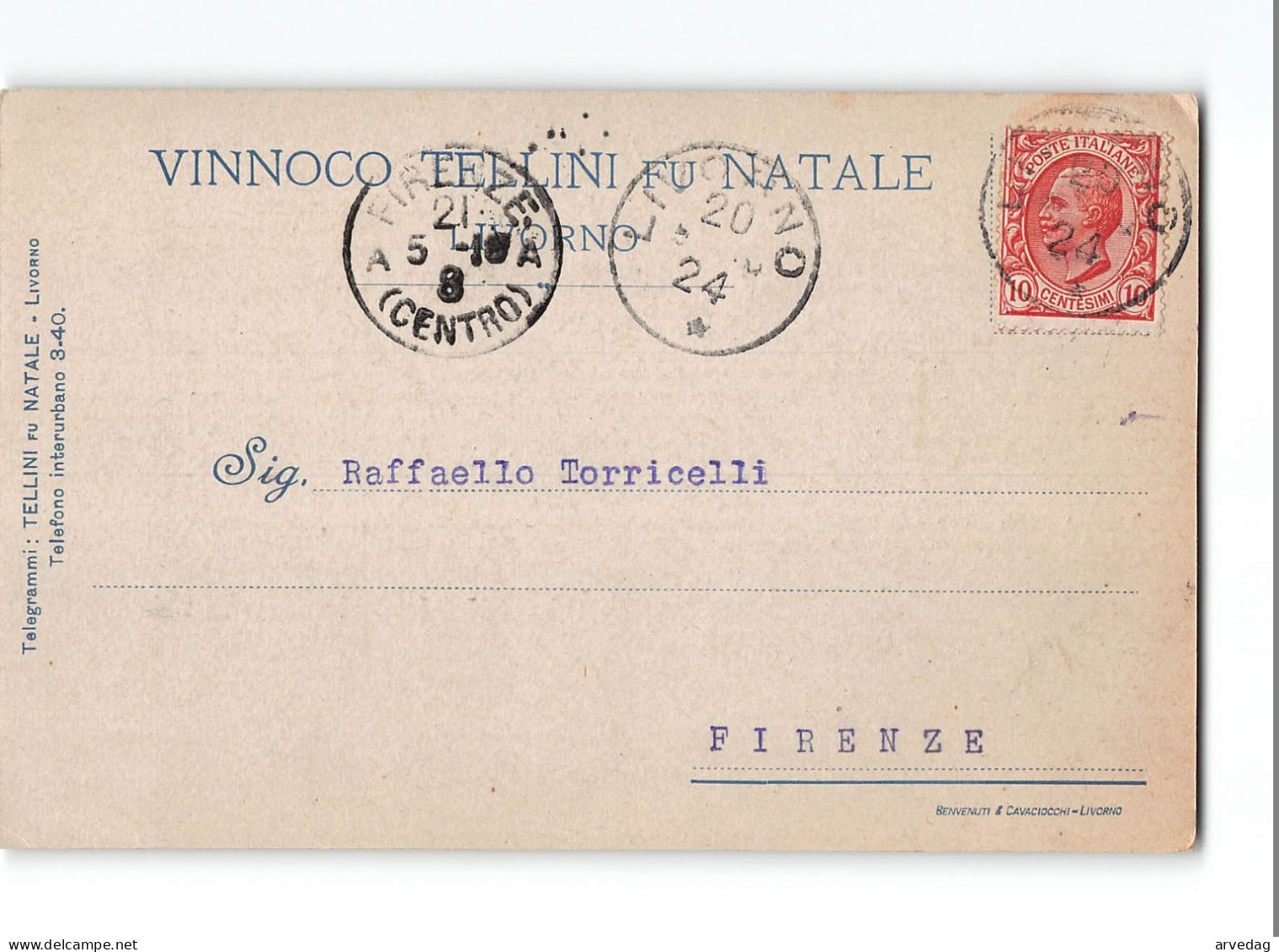 X788 01 VINNOCO TELLINI FU NATALE LIVORNO X FIRENZE - Storia Postale