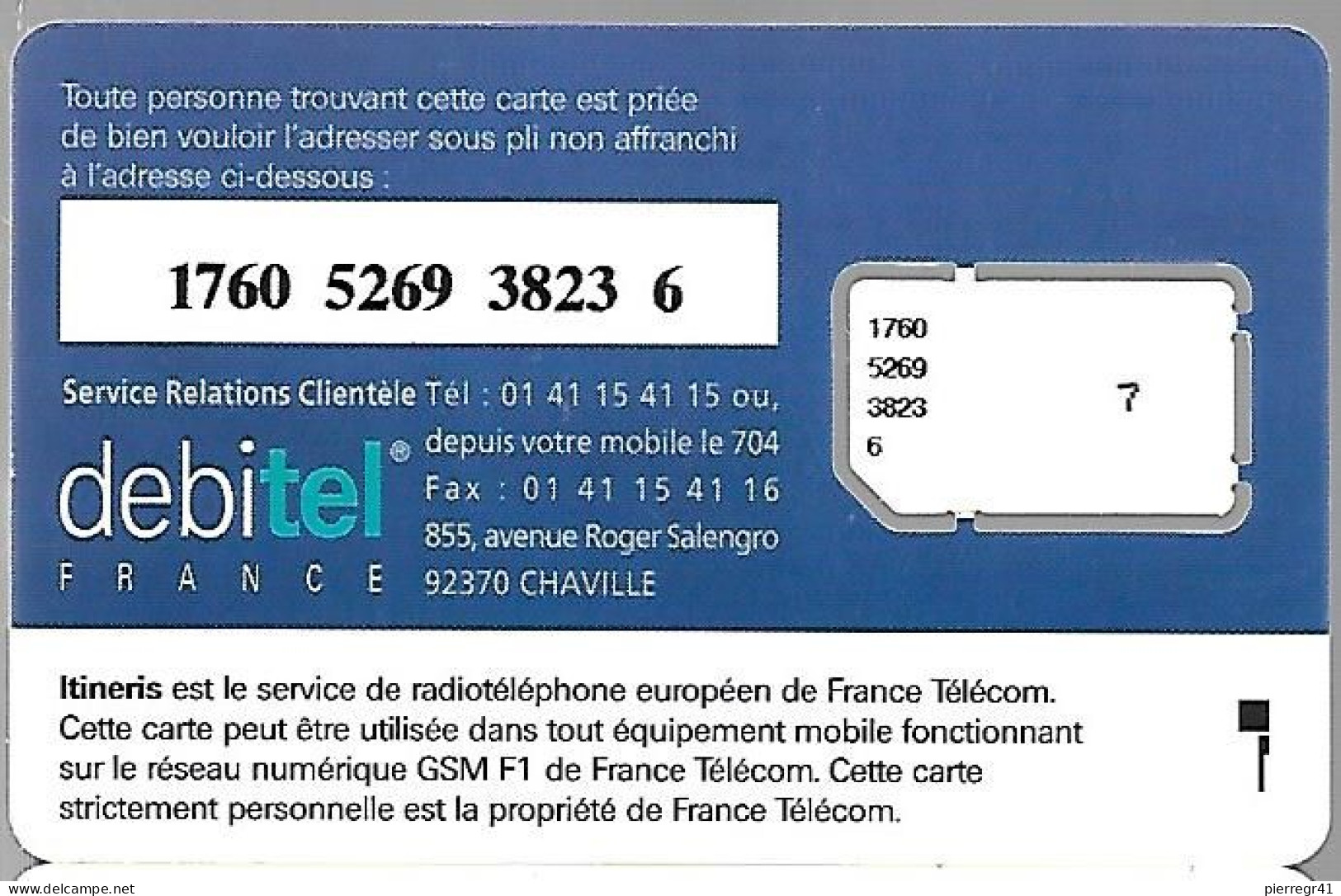 CARTE-GSM-PUCE-K-ITINERIS DEBITEL-IT/DL4K-D2-Puce Garantie Attachée-TBE- - Voorafbetaalde Kaarten: Gsm