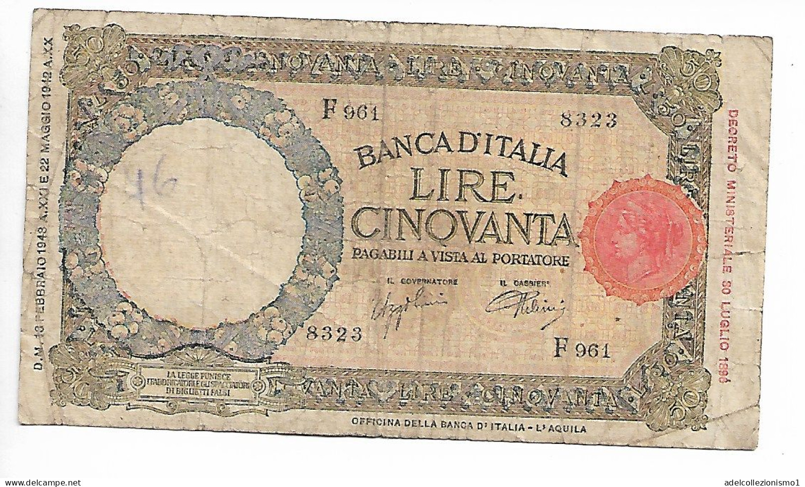 46367) BANCONOTA  DA50 LIRE LUPA CAPITOLINA REGNO ITALIA- 13-2-1943 COME DA FOTO - 50 Liras