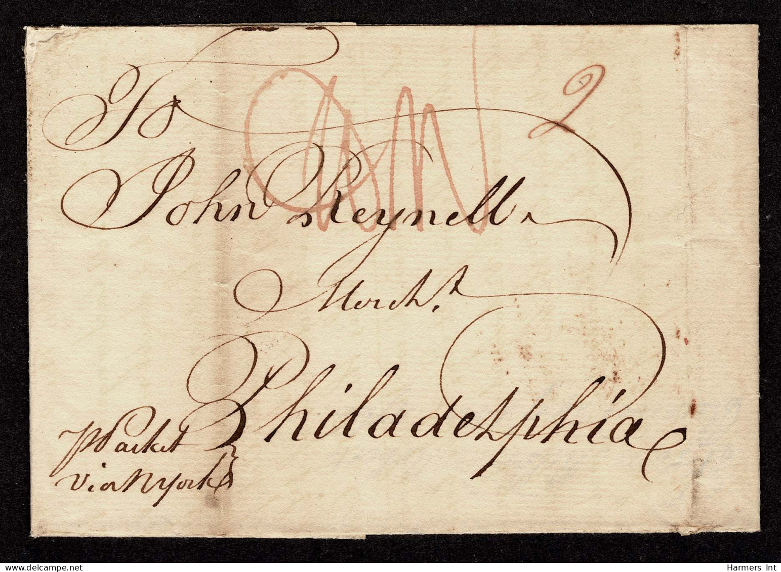 Lot # 005 Colonial; Great Britain To Philadelphia: Mar 1766 Great Britain Folded Lettersheet Bearing Two-line Brown-red  - …-1845 Préphilatélie