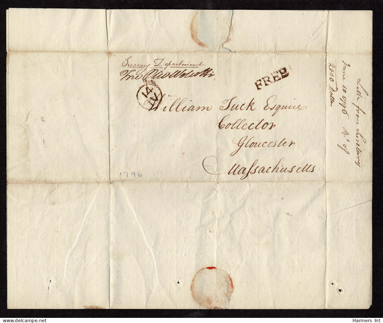 Lot # 008 Colonial: 1796 June, Wolcott, Oliver Jr. Second Treasurer Of The United States Following Alexander Hamilton, F - …-1845 Prephilately