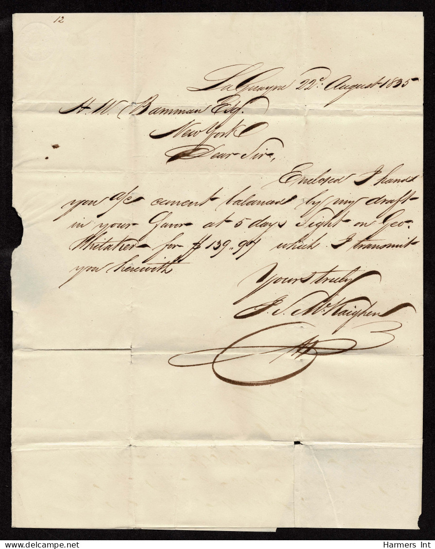 Lot # 009 Philadelphia Full-Rigged Ship: Used From La Guayra, Venezuela To New York; 1835 Folded Letter - …-1845 Prephilately