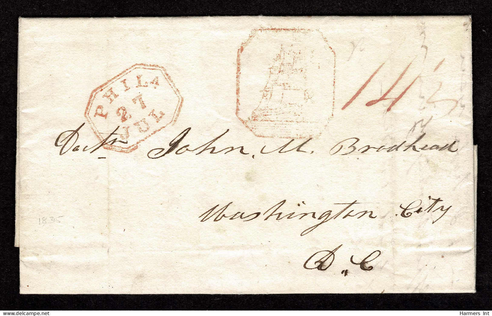 Lot # 010 Philadelphia Full-Rigged Ship:Used From Pernambuco, Brazil To Washington D.C.; 1835 (June16) - …-1845 Prephilately