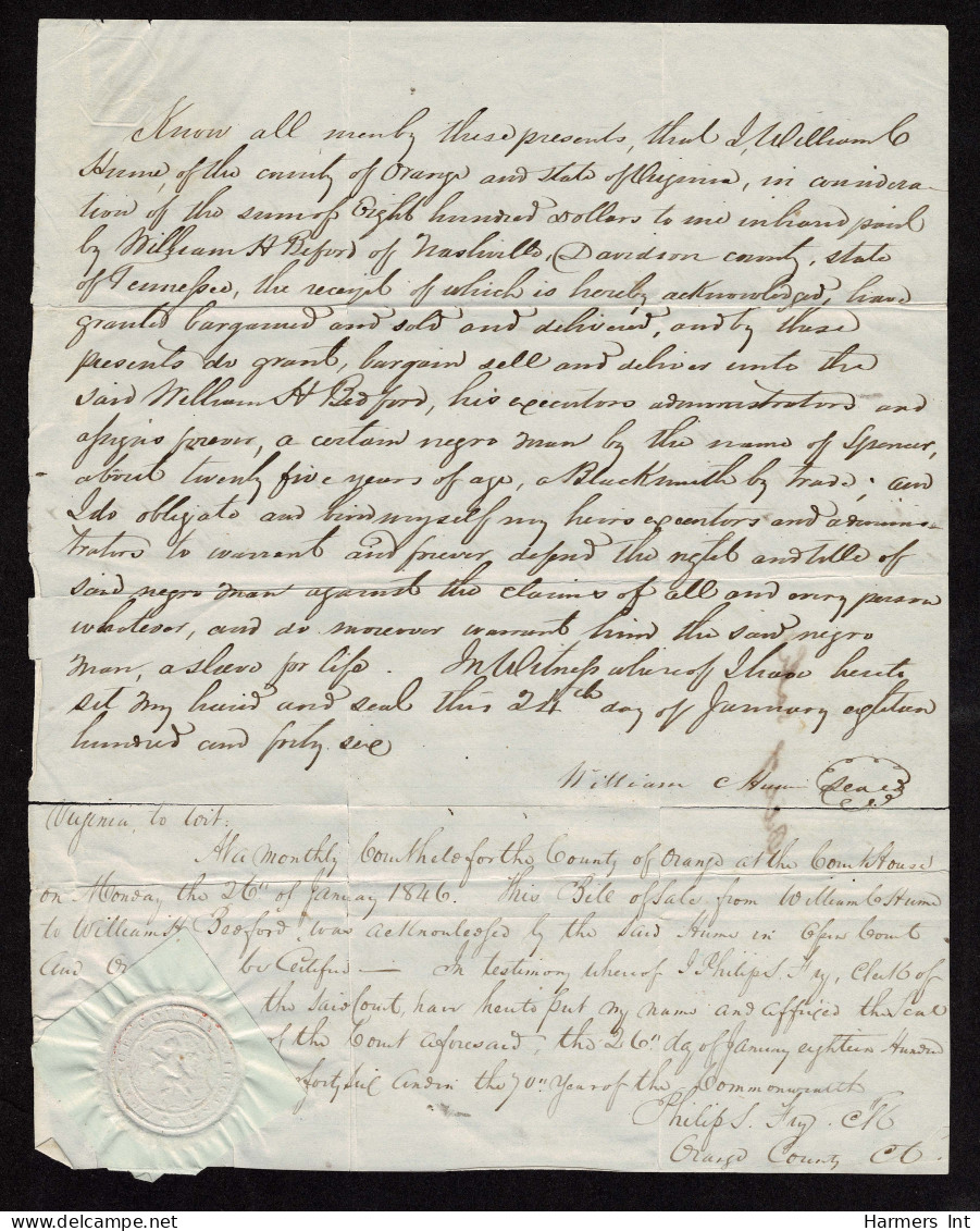 Lot # 012 Slave Document: Jan. 24 1846 Sale Of "a Certain Negro By The Name Of Spencer - …-1845 Prephilately