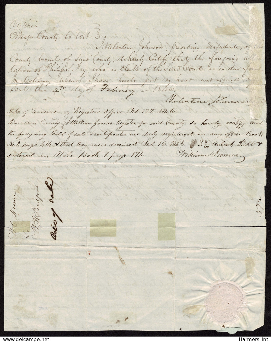Lot # 012 Slave Document: Jan. 24 1846 Sale Of "a Certain Negro By The Name Of Spencer - …-1845 Vorphilatelie