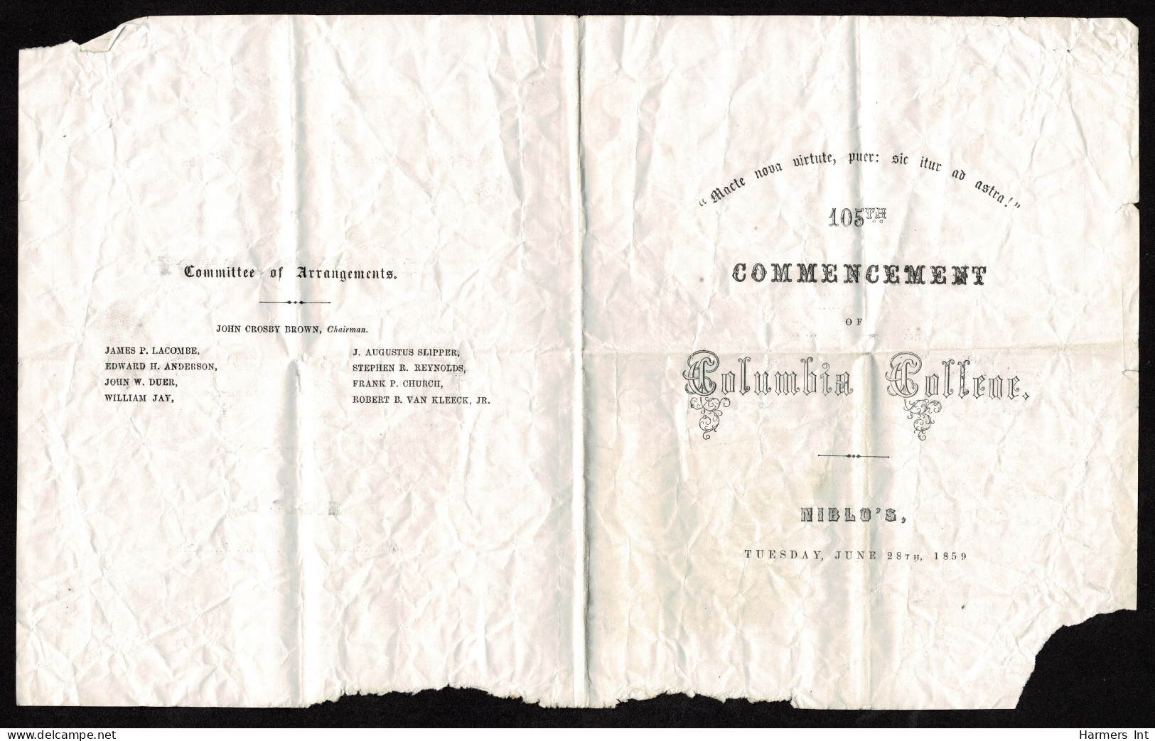 Lot # 014 1859 Columbia College (NY) Commencement mementos including and Card, Entertainment, PSI UPSILON Fraterbity inv