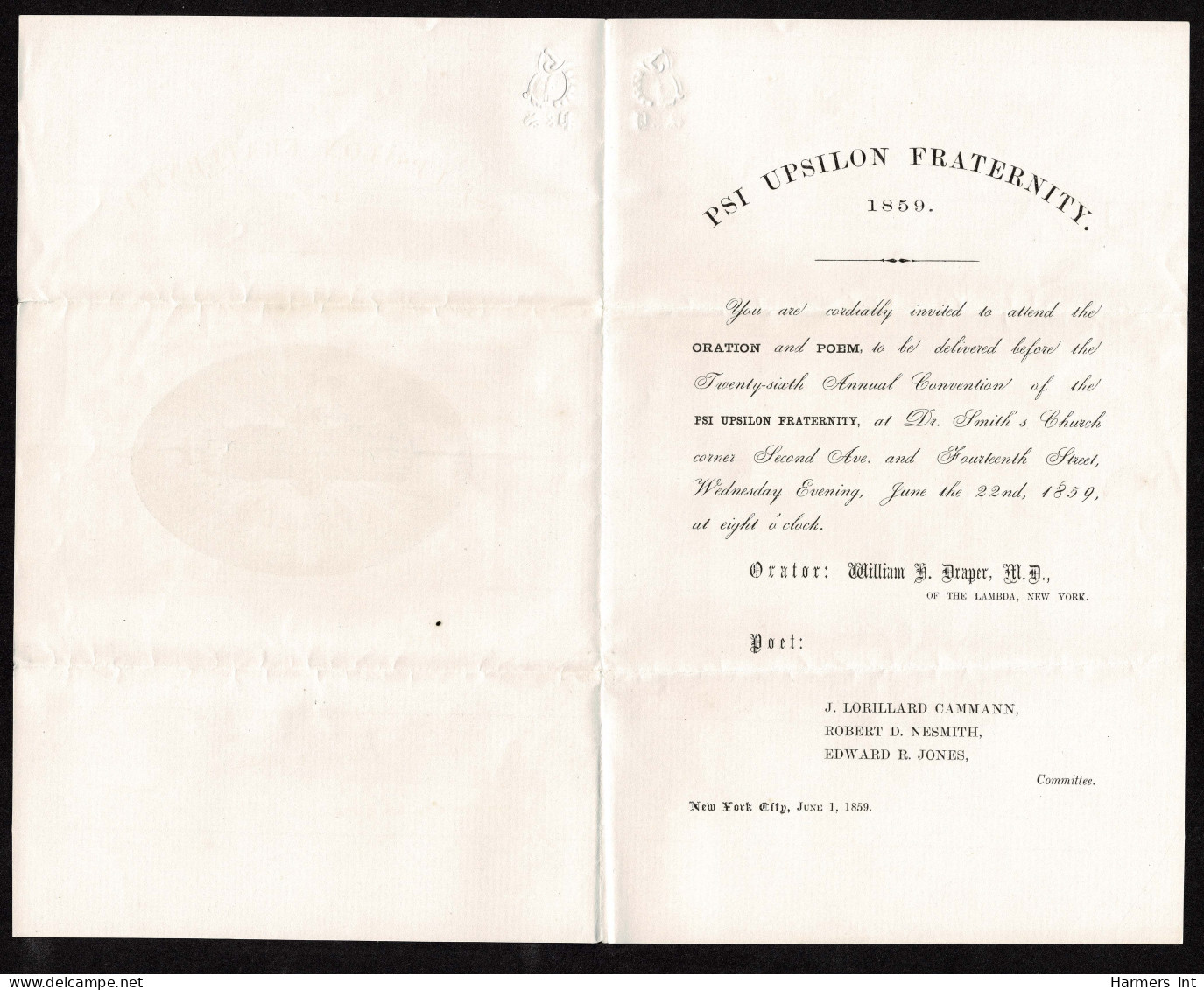 Lot # 014 1859 Columbia College (NY) Commencement mementos including and Card, Entertainment, PSI UPSILON Fraterbity inv