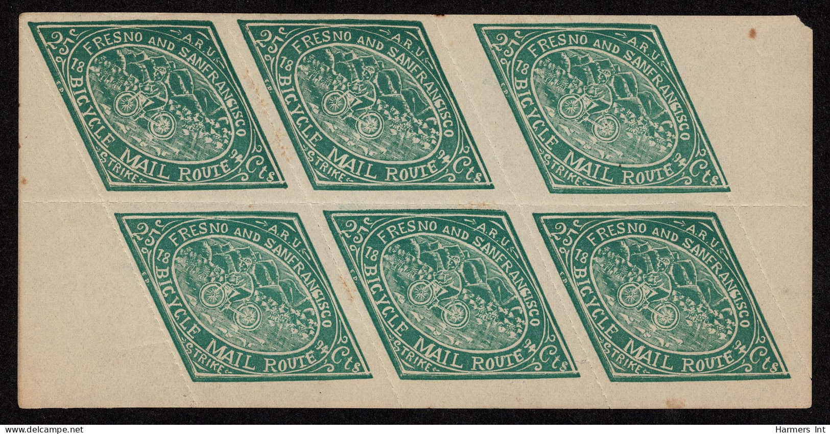 Lot # 073 1894, Bicycle Mail Route, California, 25¢ Green Panel Of Six - Sellos Locales