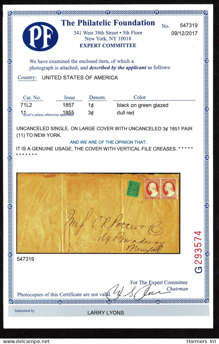 Lot # 075 United States, Local: 1851 Glen Haven, NY. Daily Mail 1¢ Dark Green With 1855 Uncancelled 3¢ Dull Red PAIR (so - Sellos Locales