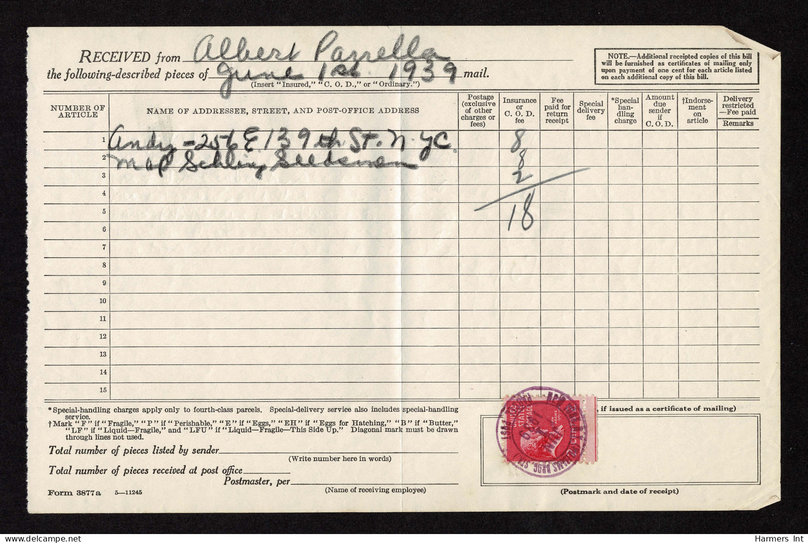 Lot # 103 Certificate Of Mailing From 1939: 1938, 2¢ John Adams Rose Carmine - Cartas & Documentos
