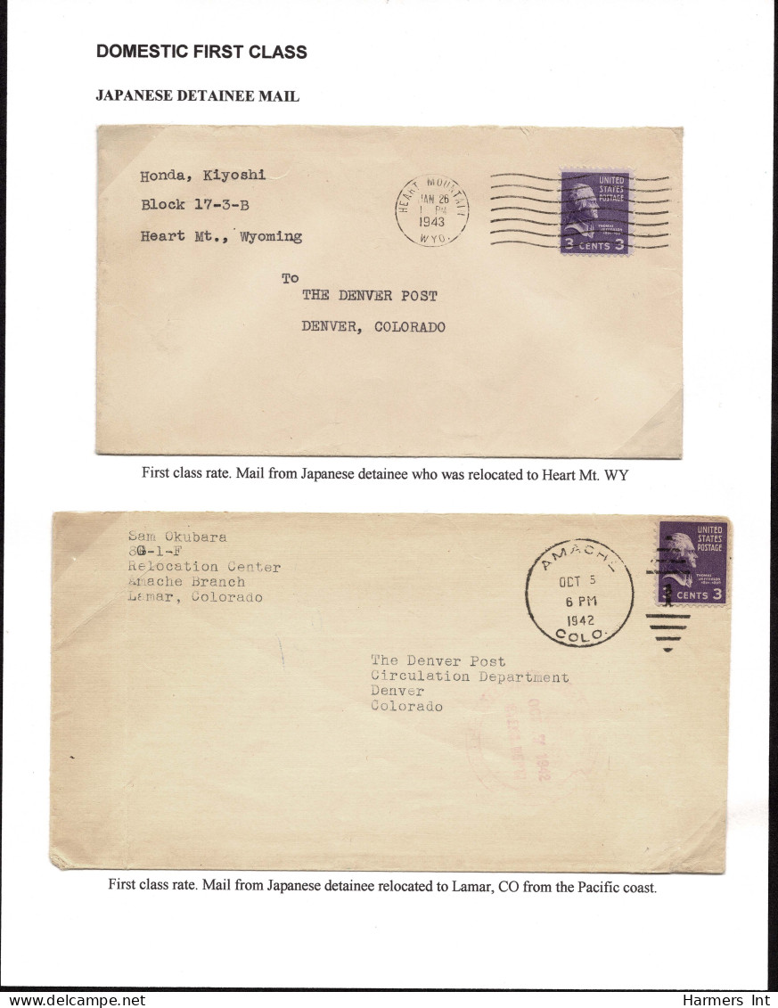 Lot # 107 Japanese Detainee Mail: 1938, 3¢ Light Violet Jefferson On Two Envelopes - Briefe U. Dokumente