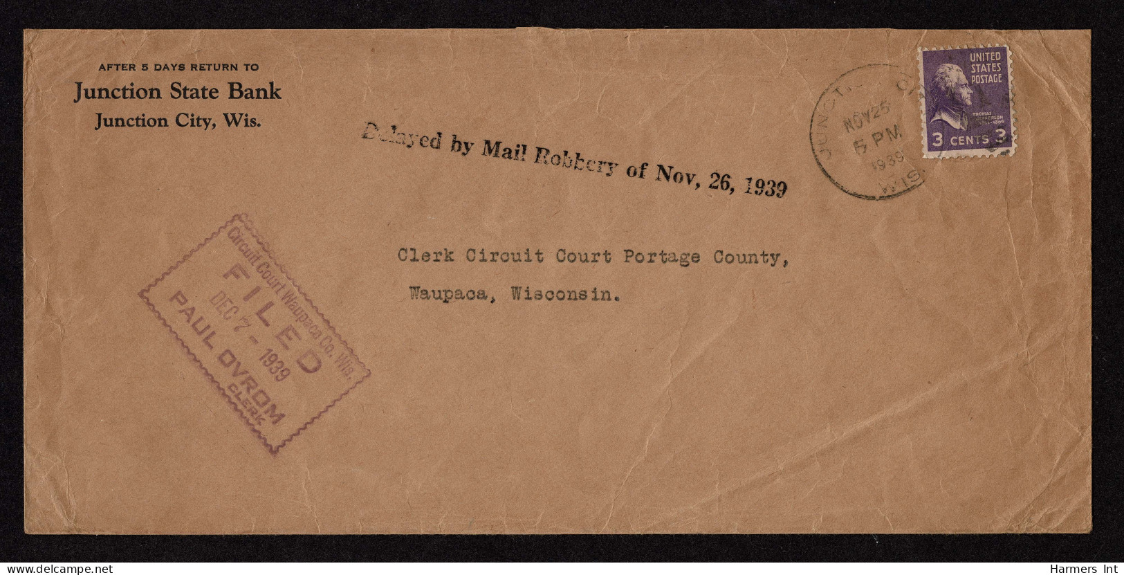 Lot # 108 Mail Robbery: 1938, 3¢ Light Violet Jefferson Violet Tied By JUNCTION CITY WIS NOV 25 1939 Duplex On Legal Siz - Lettres & Documents