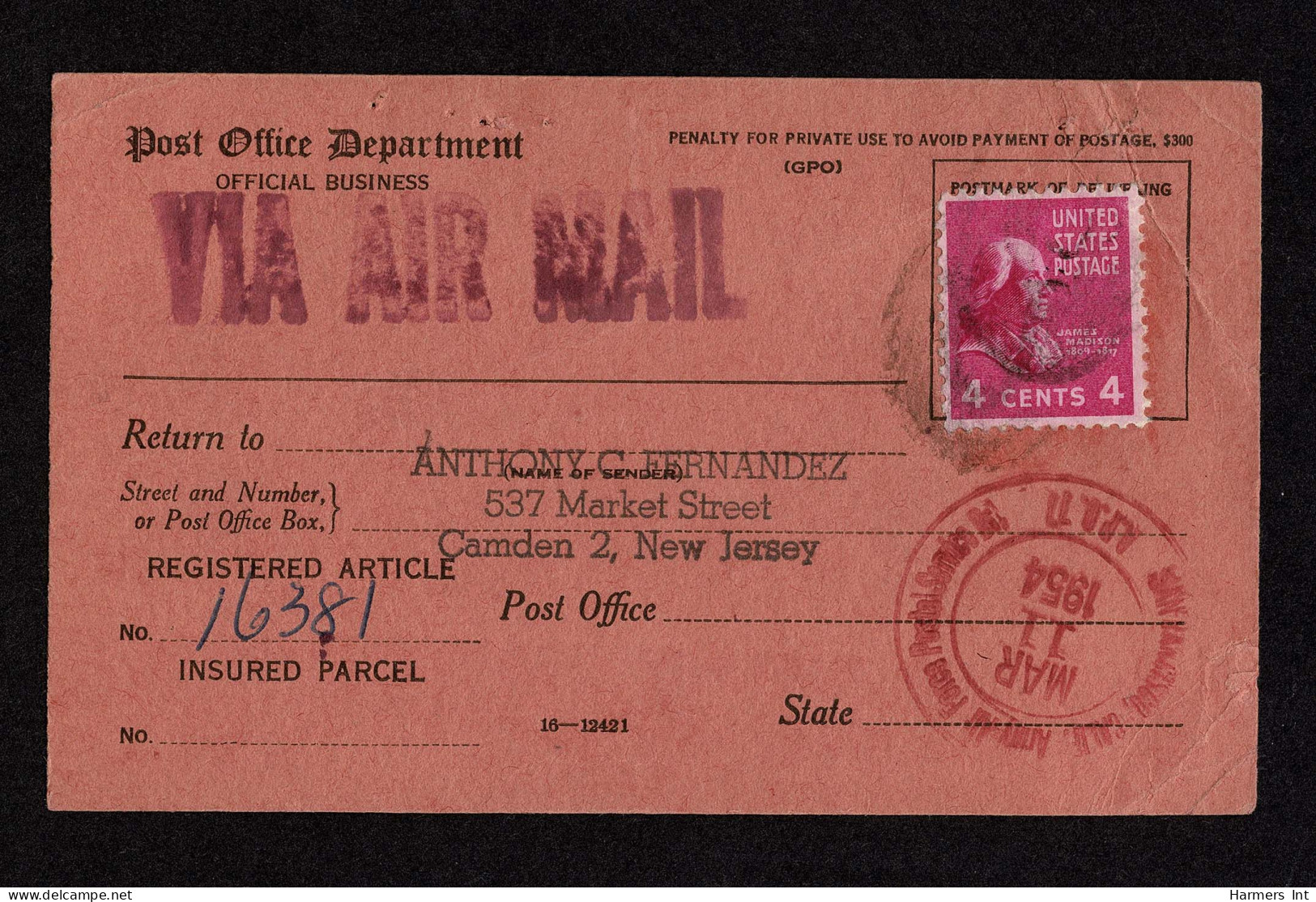 Lot # 109 1938, 4¢ Madison Bright Rose Purple Tied By Magenta SAN FRANCISCO, CALIF. Army Air Force Postal Service Double - Cartas & Documentos