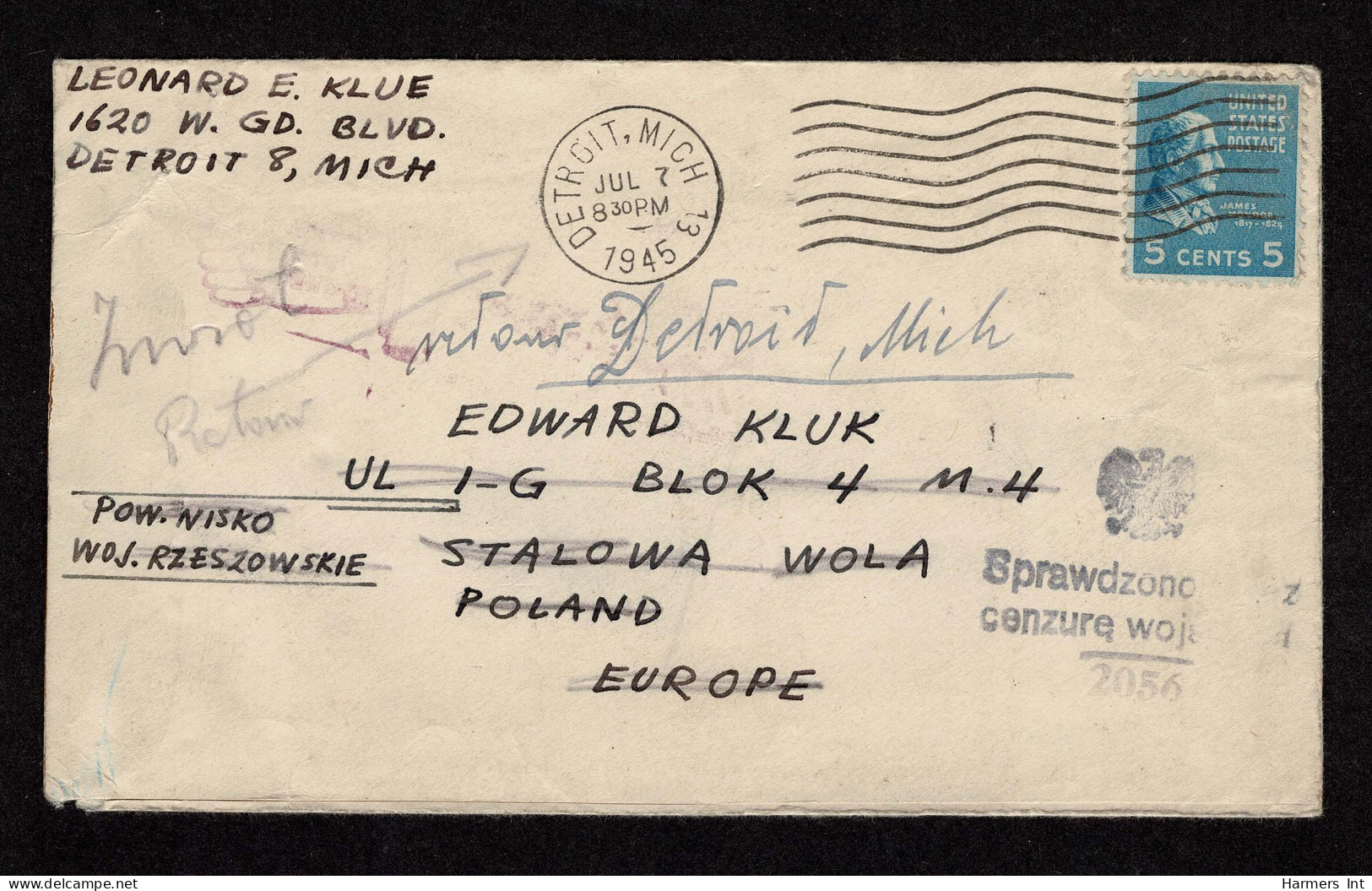 Lot # 114 Prisoner Of War: 1945 Letter Bearing 1938, 5¢ Monroe Bright Blue - Briefe U. Dokumente