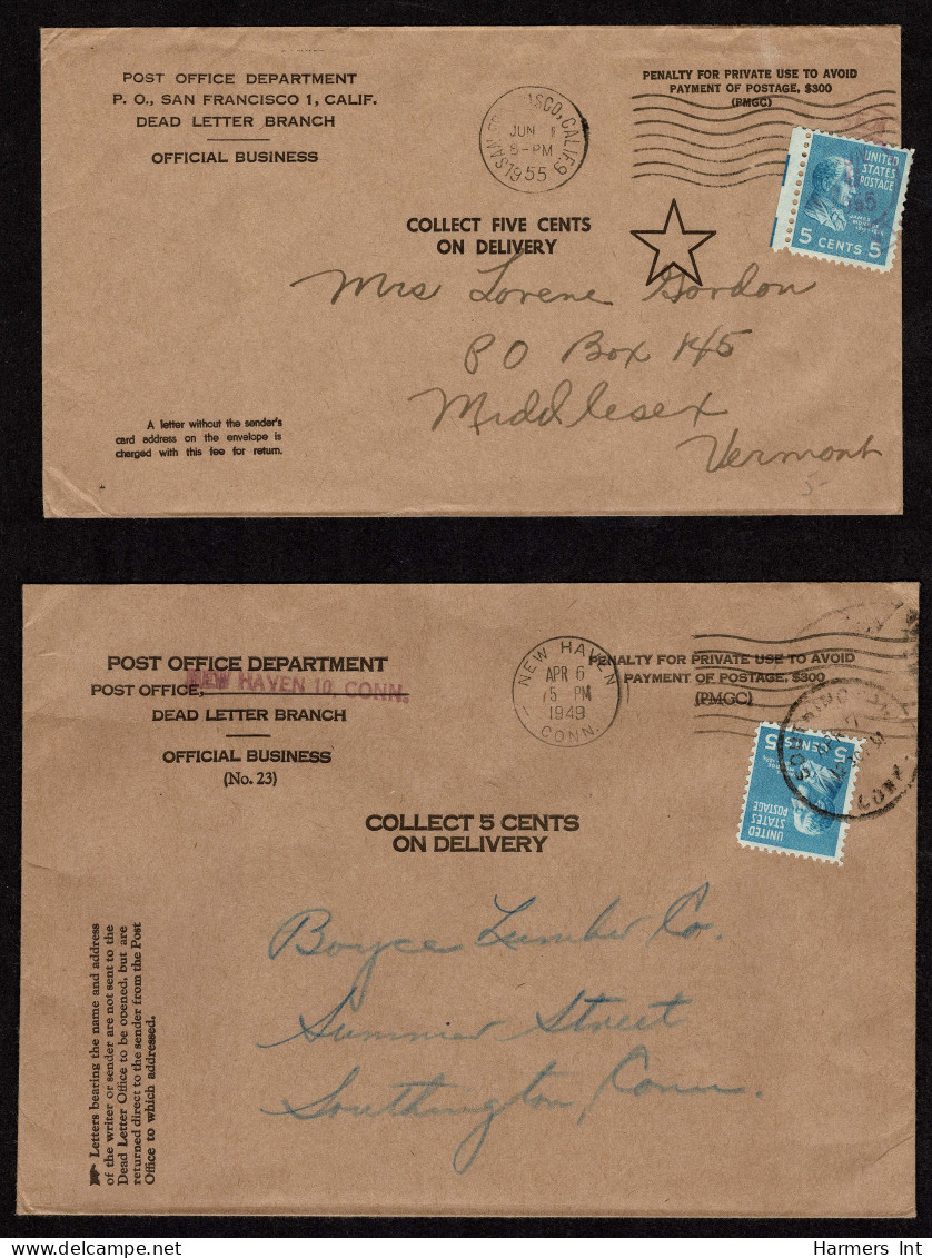 Lot # 115 Dead Letter Return Office Fee: Two Examples Of 1938, 5¢ Monroe Bright Blue Used Instead Of Postage Due Stamp O - Cartas & Documentos