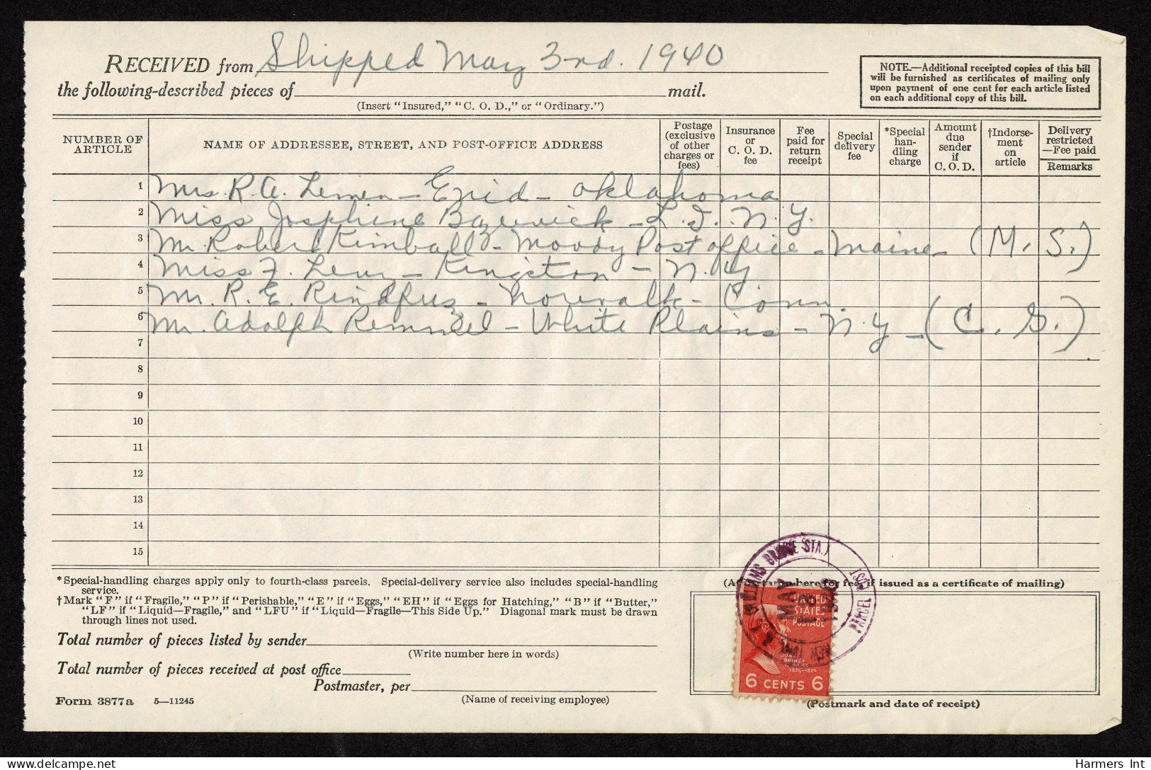 Lot # 116 Certificate Of Mailing: 1938, 6¢ John Quincy Adams Red Orange - Cartas & Documentos