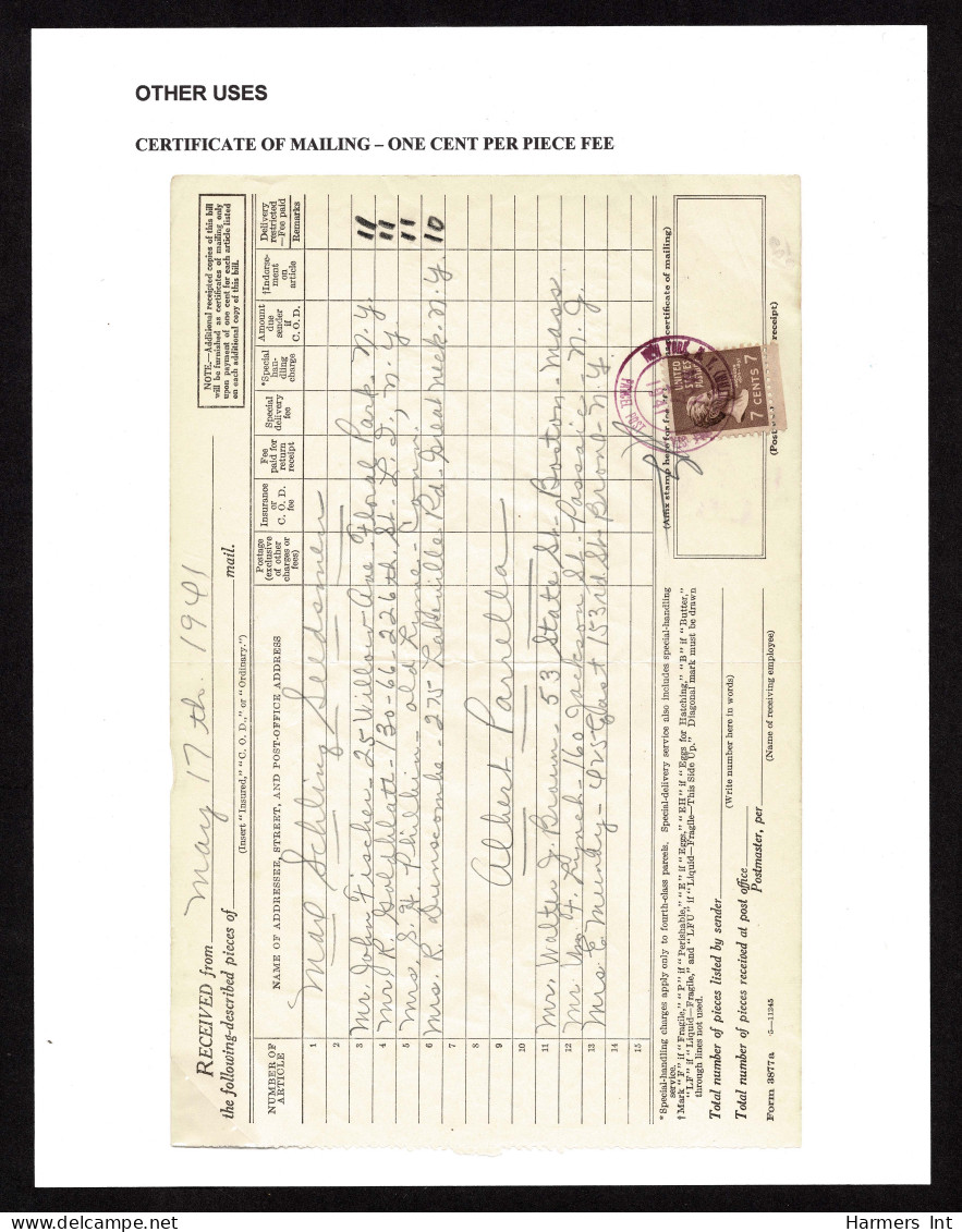Lot # 118 Certificate Of Mailing: 1938, 7¢ Jackson Sepia - Briefe U. Dokumente