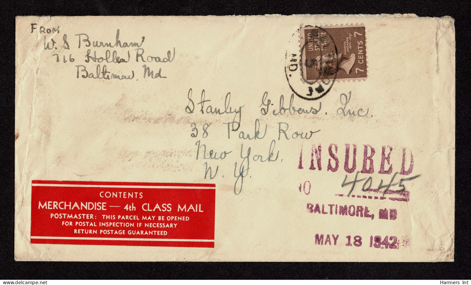 Lot # 119 Insured Mail:1942 Cover Bearing 1938, 7¢ Jackson Sepia - Lettres & Documents