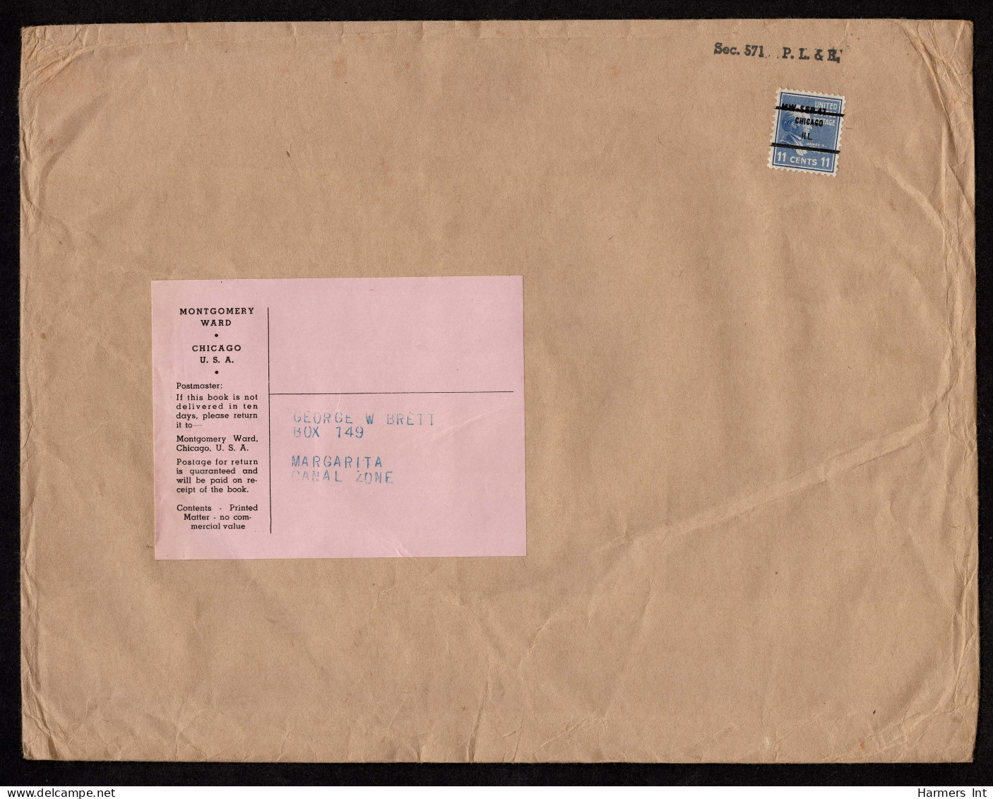 Lot # 126 Large Mailing Label To The Canal Zone: 1938, 11¢ Polk Ultramarine - Cartas & Documentos