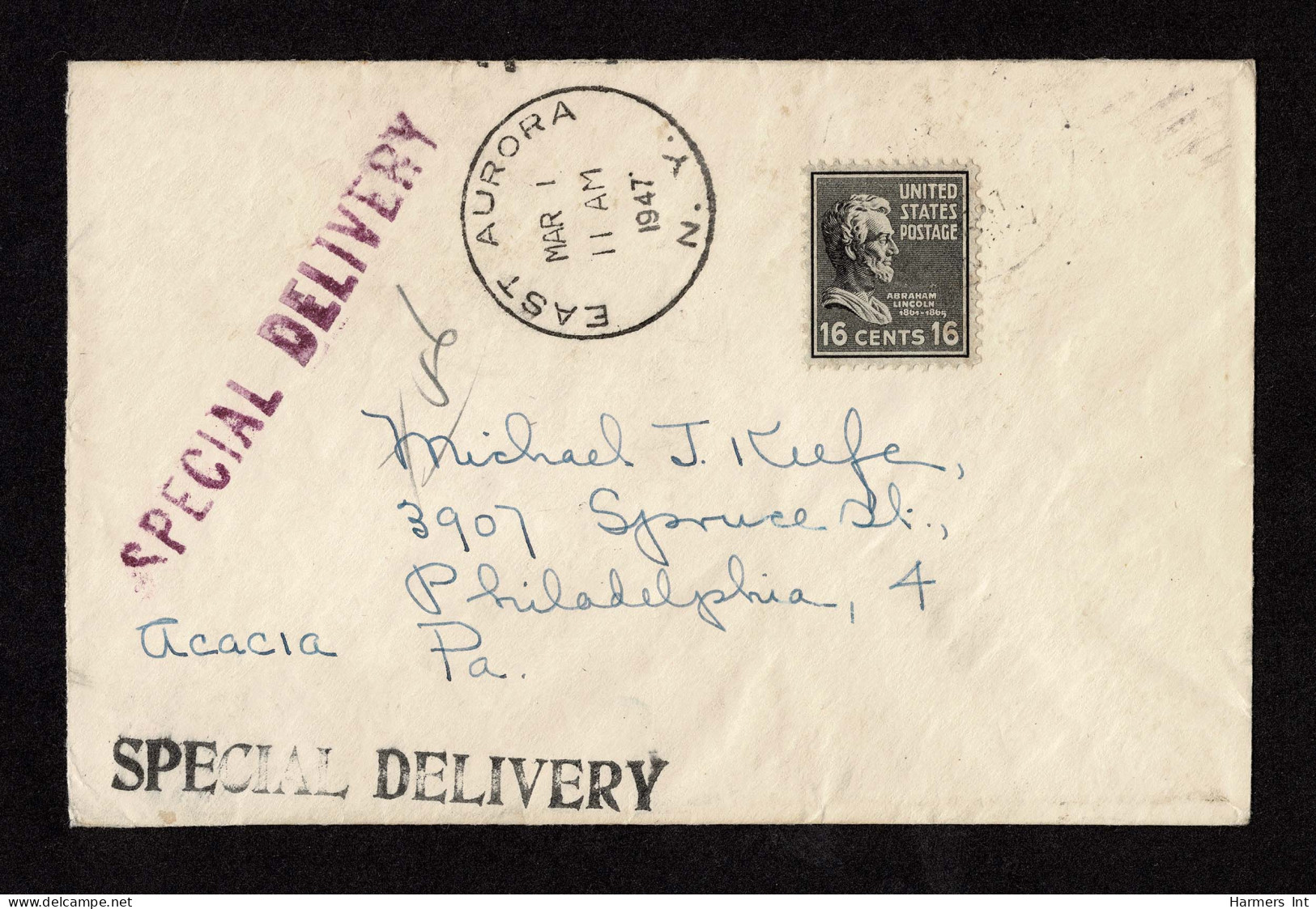 Lot # 135 Special Delivery:1947 Envelope Bearing 1938, 16¢ Lincoln Black - Lettres & Documents