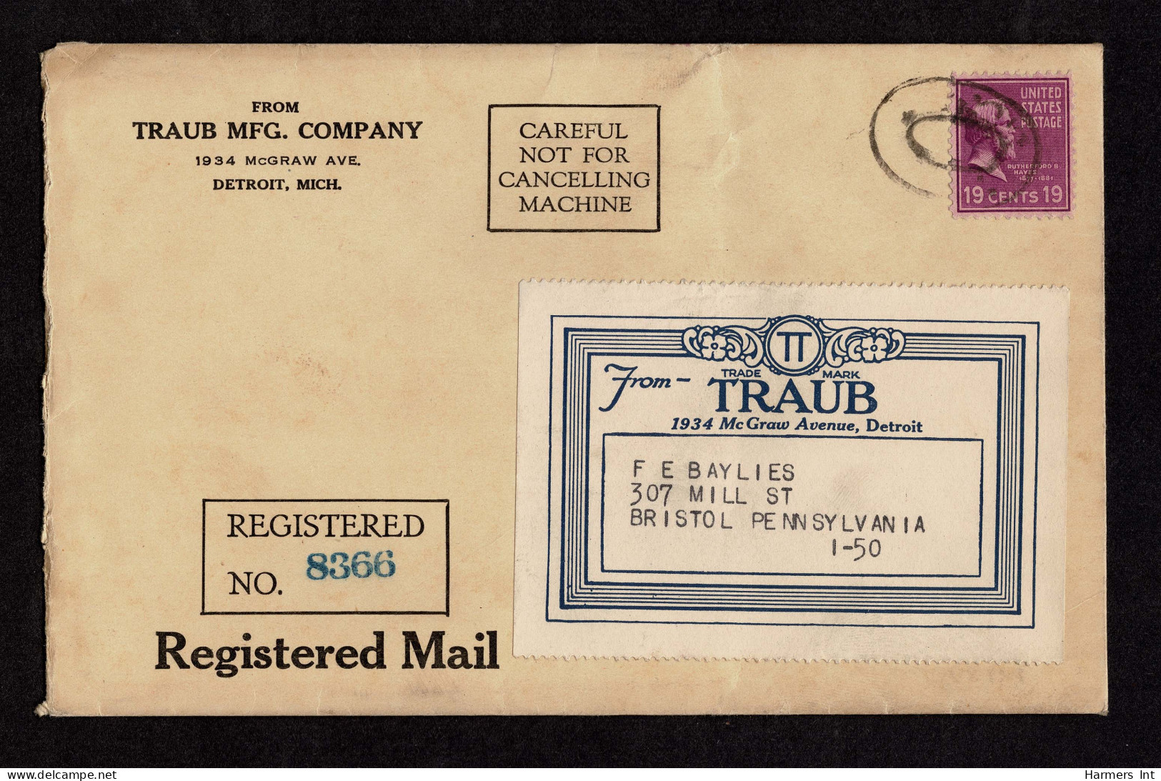 Lot # 140 Registered Mail: 1940 Registered Letter Bearing 1938, 19¢ Hayes Bright Mauve - Cartas & Documentos