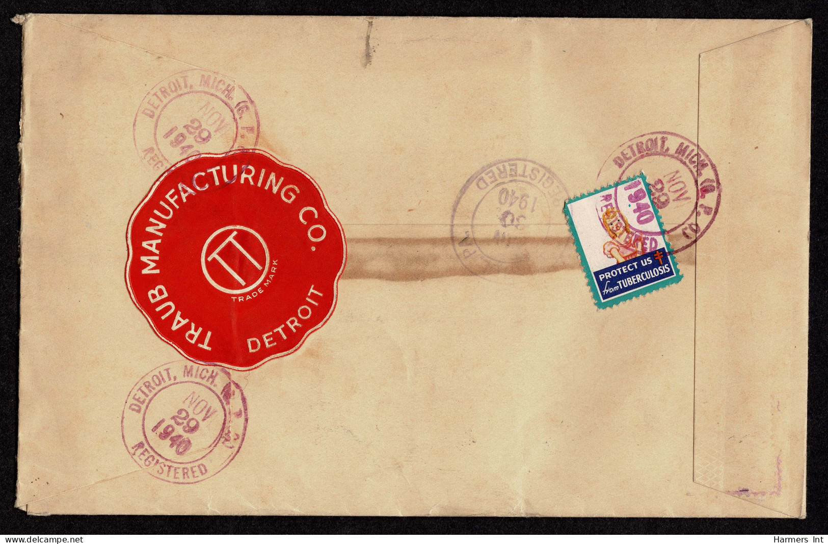 Lot # 140 Registered Mail: 1940 Registered Letter Bearing 1938, 19¢ Hayes Bright Mauve - Lettres & Documents