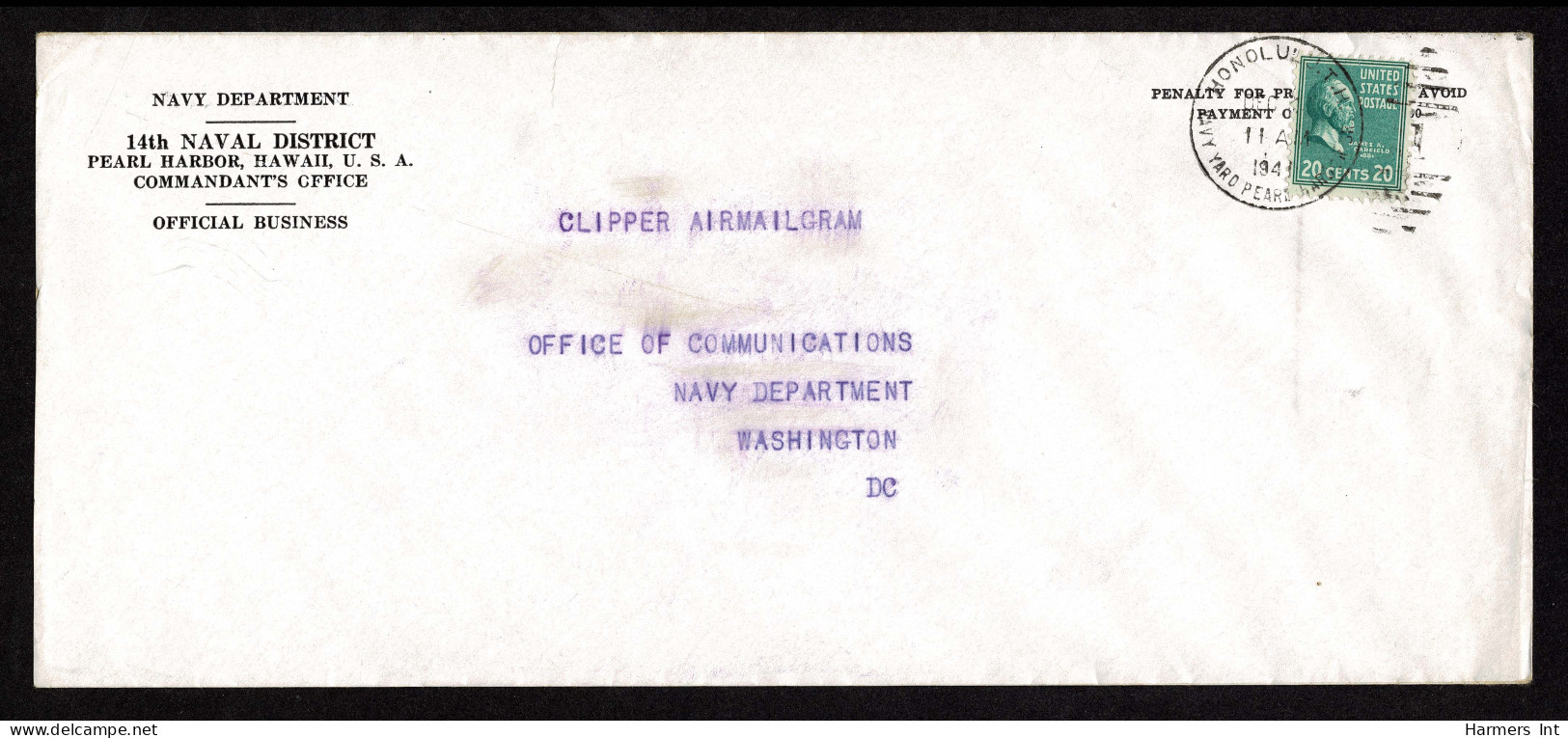 Lot # 142 Domestic First Class AIR Mail Last Clipper Flight Hawaii: 1938, 20¢ Garfield Bright Blue Green - Covers & Documents