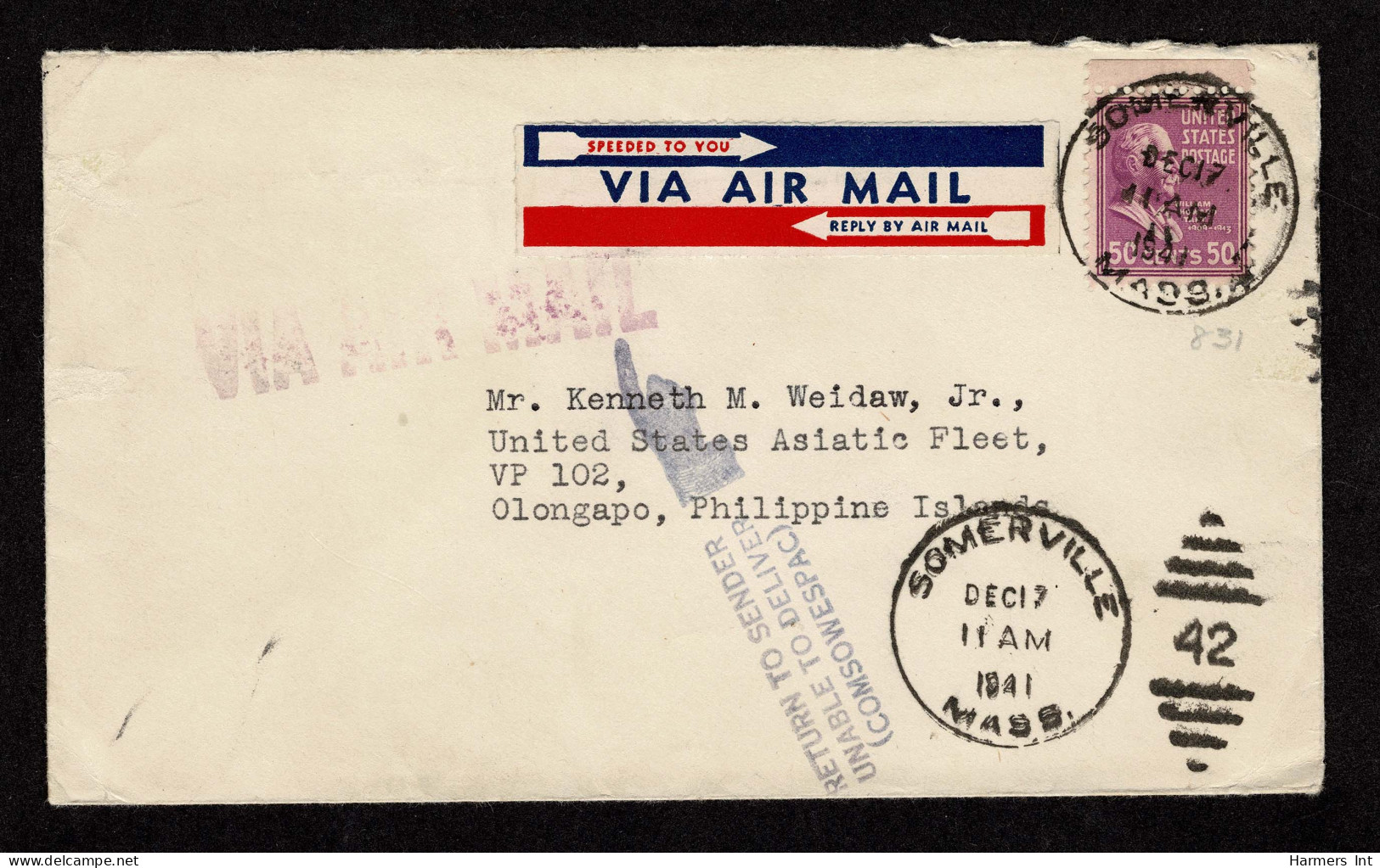 Lot # 146 United State Asiatic Fleet Mail: 1938, 50¢ Taft Mauve - Covers & Documents