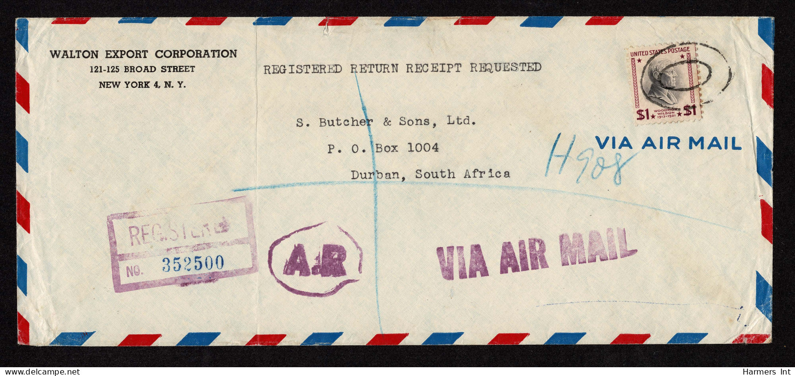 Lot # 147 International First Class To South Africa: 1938, $1 Wilson Purple And Black - Cartas & Documentos