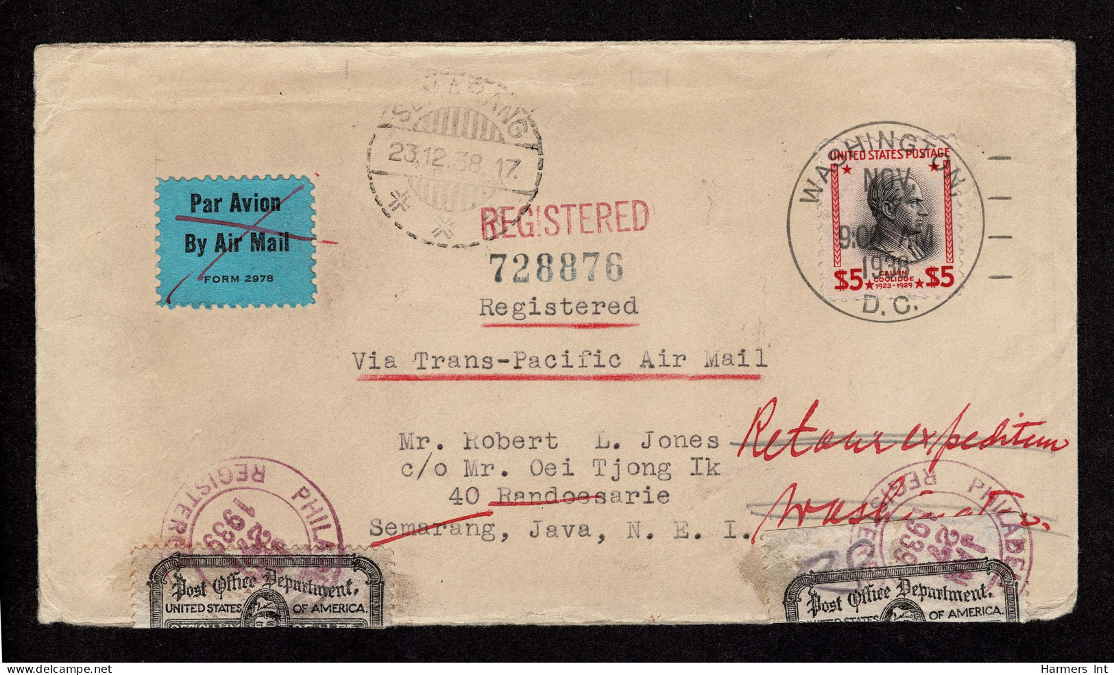 Lot # 149 Used To Java: 1938,The $5 Presidential Issue, Coolidge Carmen Black Tied By WASHINGTON, D.C. NOV. 17 1938 Dupl - Cartas & Documentos