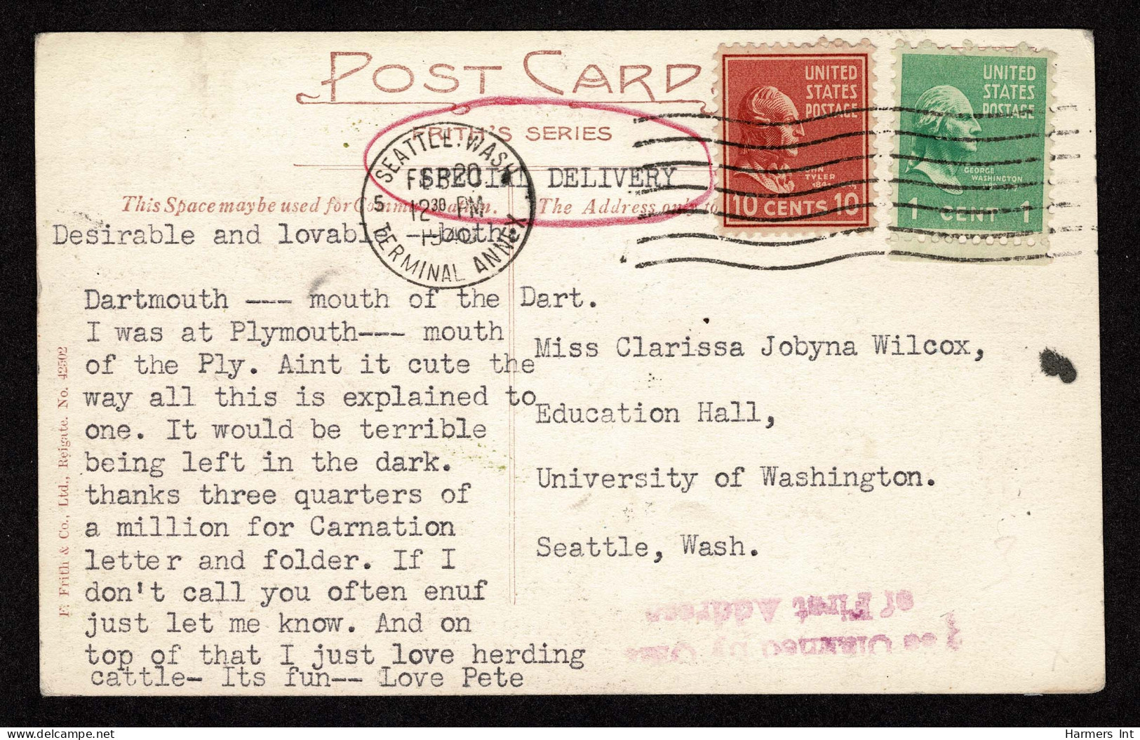 Lot # 153 Postcard:1938, 10¢ Tyler Brown Red, 1¢ Washington Green - Covers & Documents