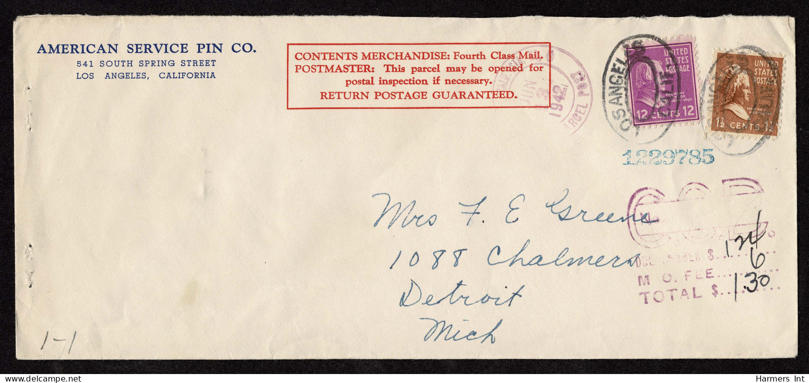 Lot # 154 Forth Class Mail: 1942 Large Envelope Bearing 1938, 12¢ Zachary Taylor, Bright Mauve And 1½¢ Martha Washington - Lettres & Documents