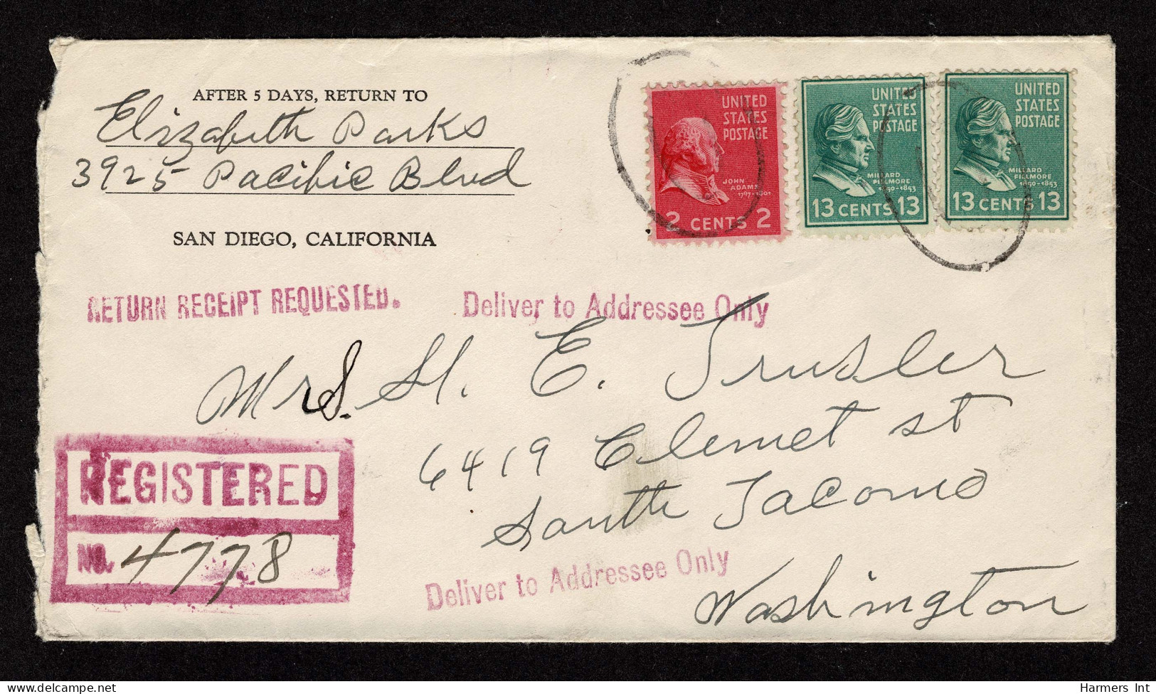 Lot # 155 Registered Envelope: 6¢ Combination 1938, 13¢ Millard Fillmore Blue Green (two Copies) And 2¢ John Adams Rose  - Lettres & Documents