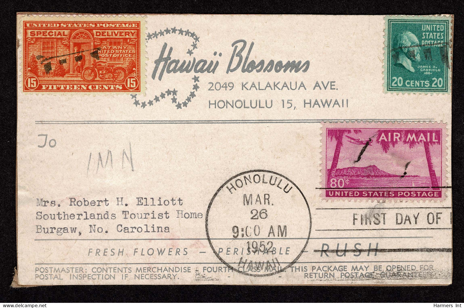 Lot # 163 Combination With Other US Issues: 1952 Cover Bearing 1938, 20¢ Garfield Bright Blue Green, 1952, 80¢ Hawaii, 1 - Cartas & Documentos