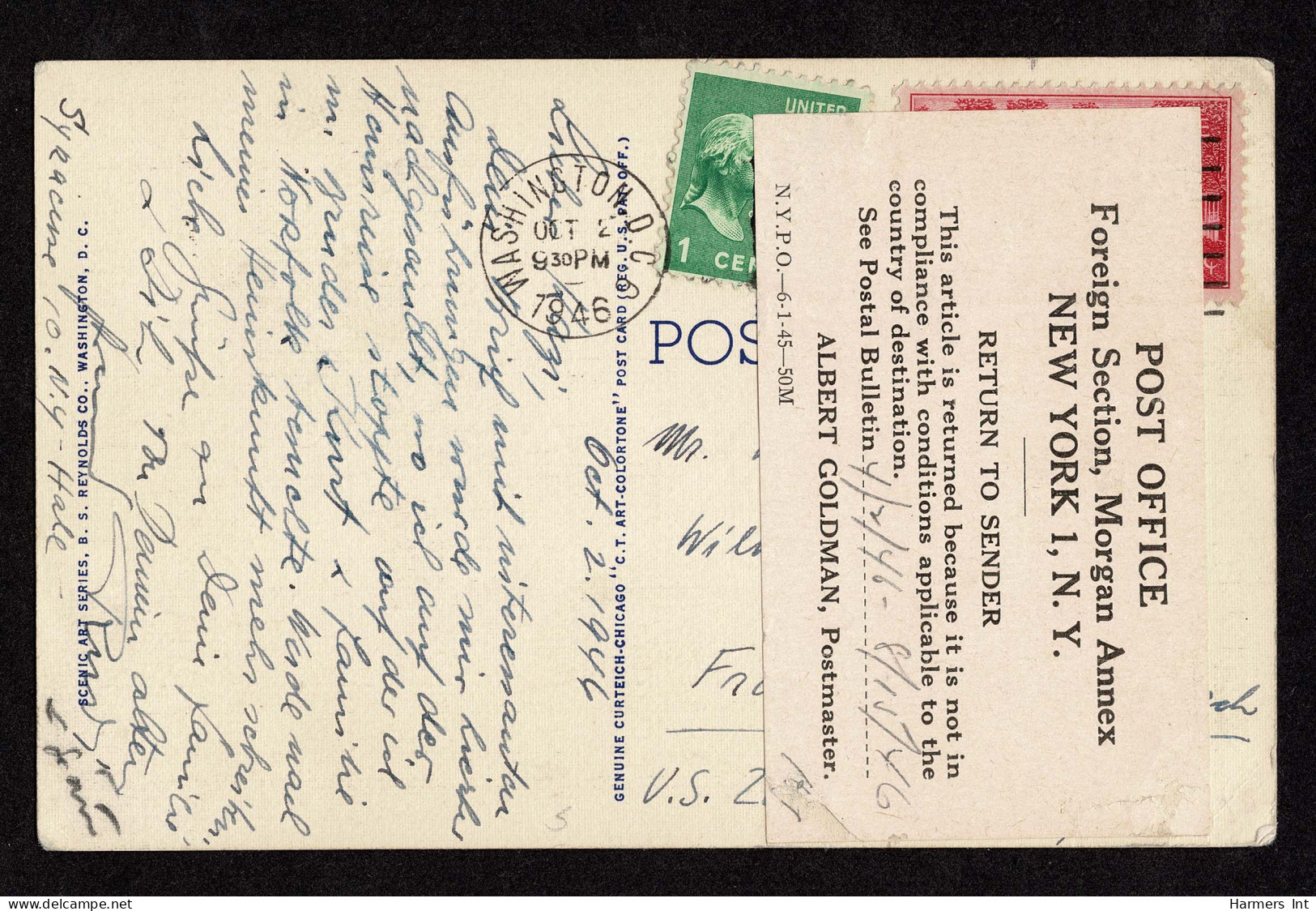 Lot # 164 Post Card Return To Sender: 1946 Postcard Bearing 1938, 1¢ Washington Green,1945, 2¢ Franklin D. Roosevelt Com - Lettres & Documents