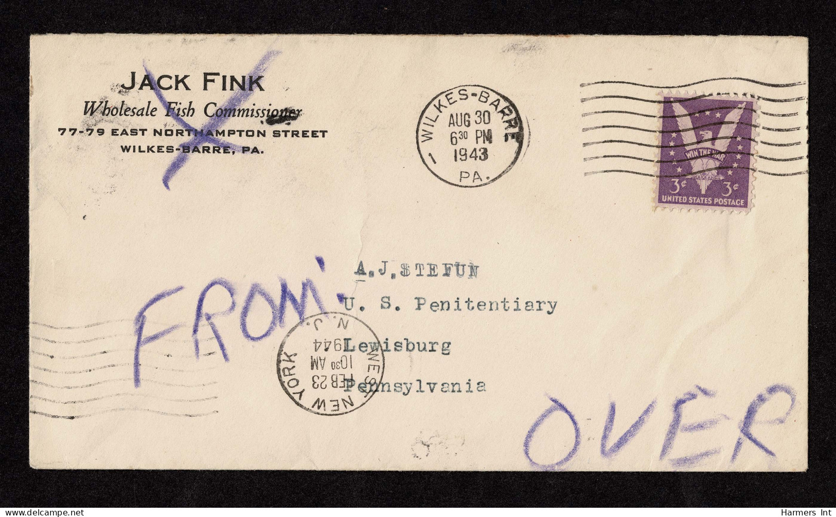 Lot # 170 Penitentiary Mail Turned Usage: 1942, 3¢ Win The War - Lettres & Documents